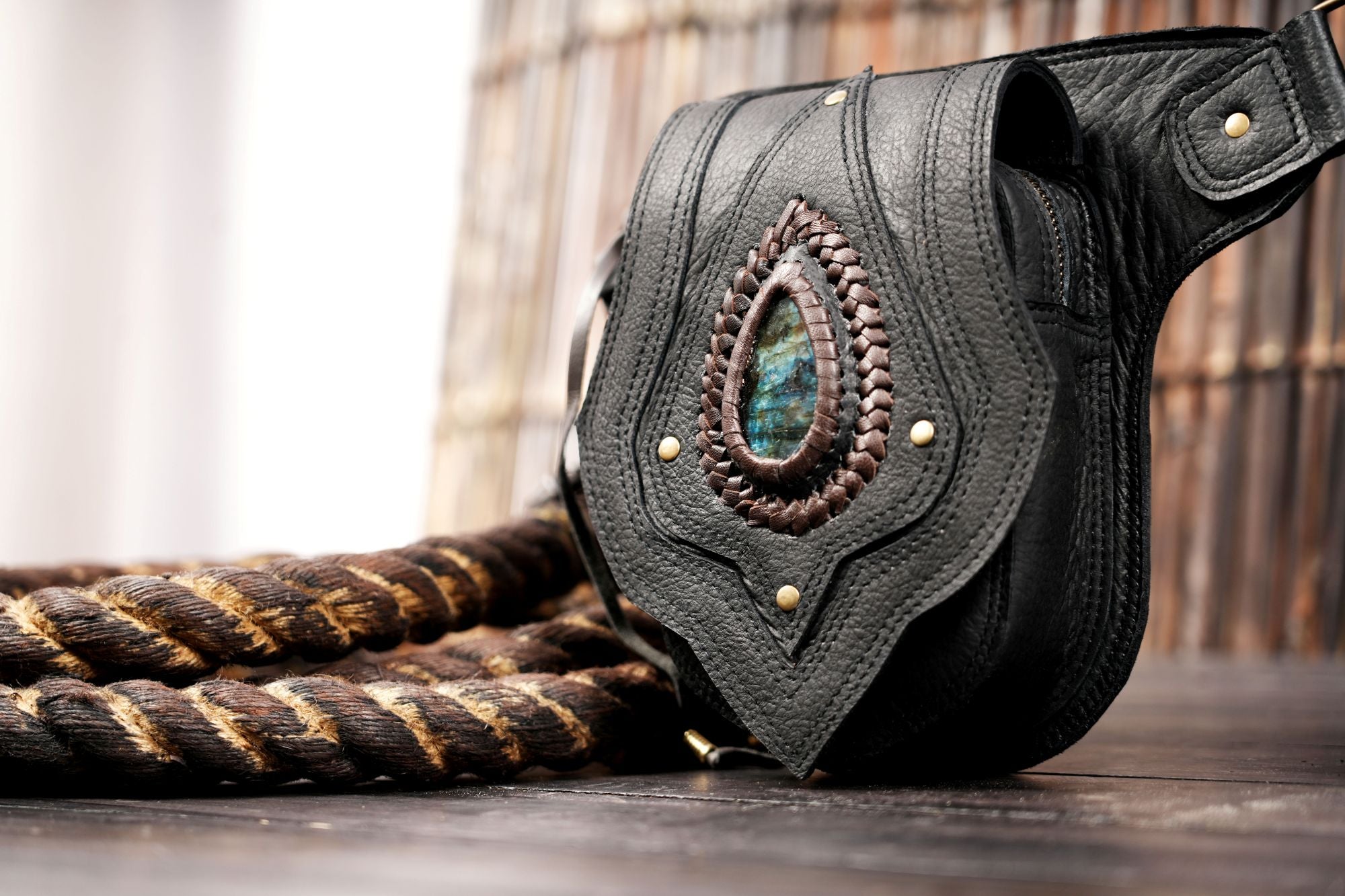 Black leather belt bag front view