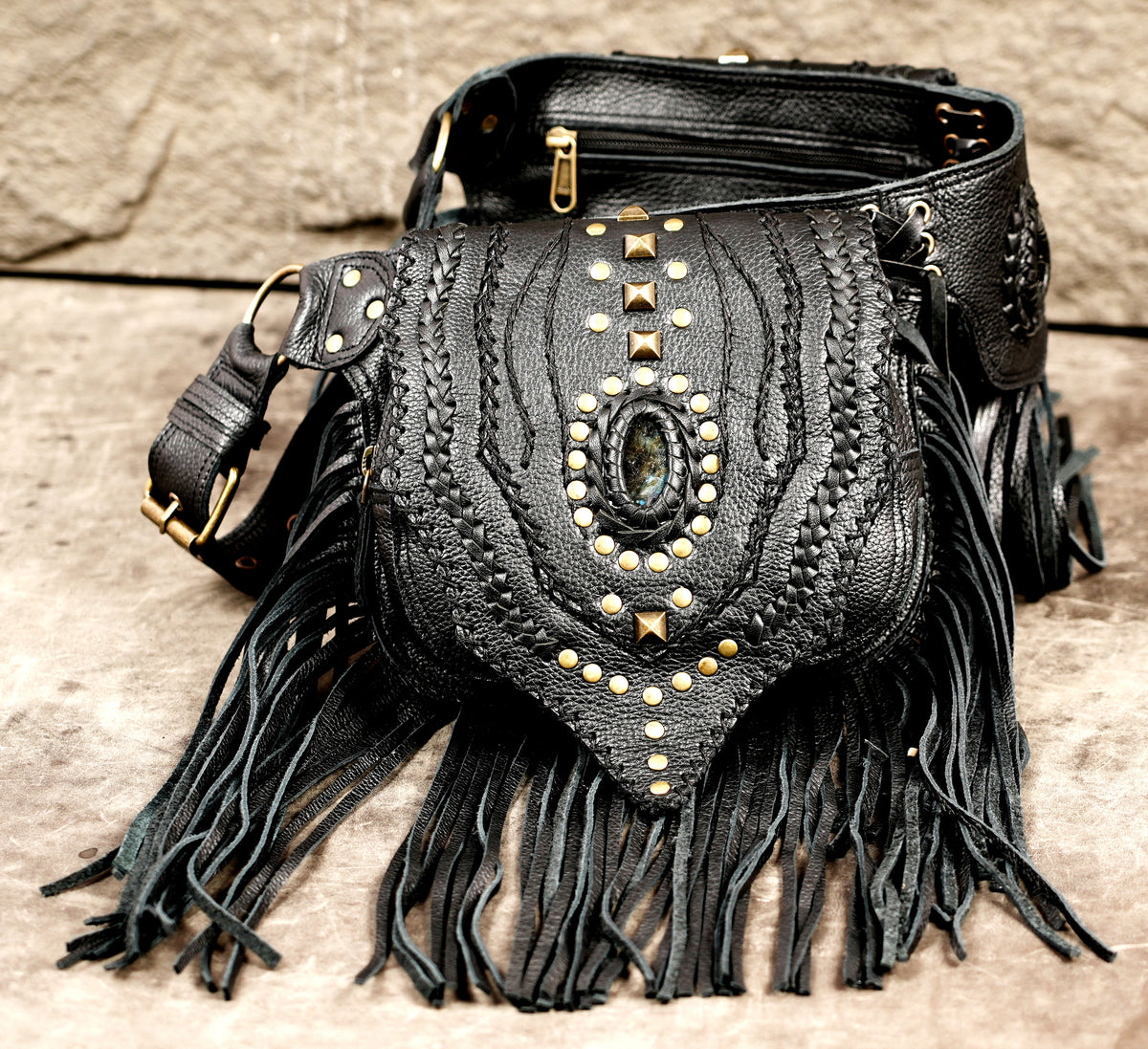 Rustic handcrafted leather belt with brass stud details