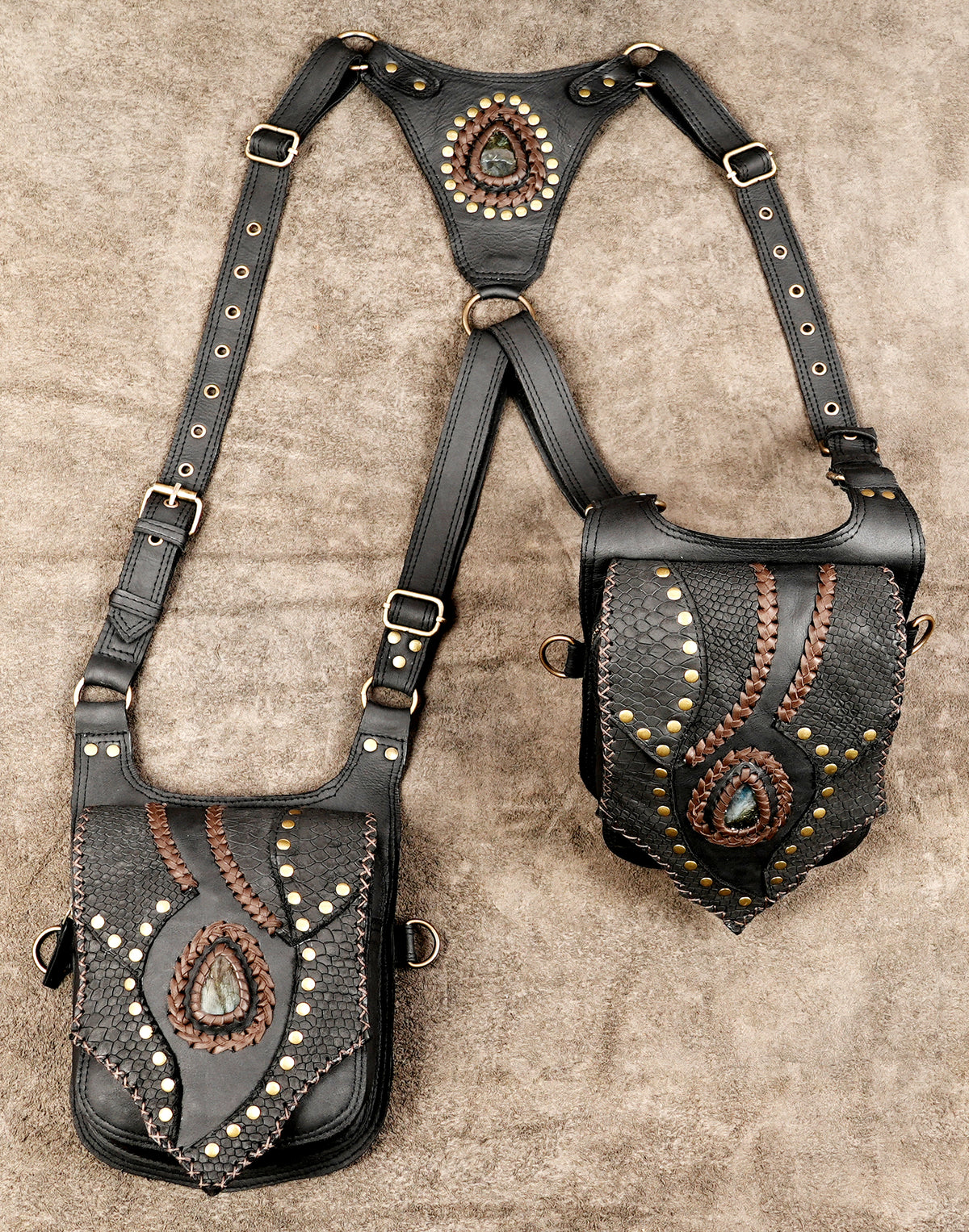 Festival leather shoulder harness with decorative stone detailing