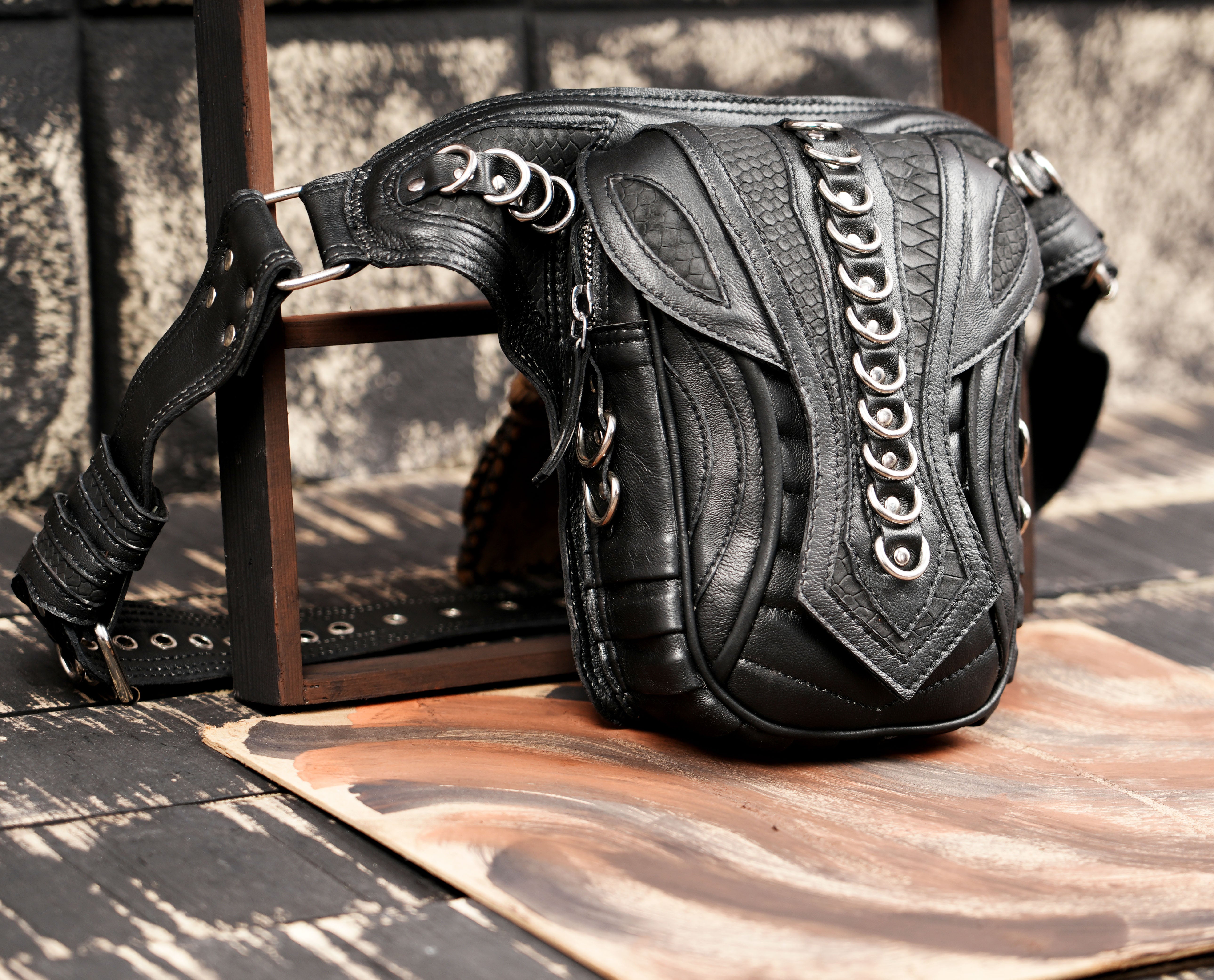 Handmade Black Leather Waist Belt with Front Utility Pouch | Adjustable Leather Belt Bag | Gothic Festival Travel Leather Belt (LT/NS/WB/6032)