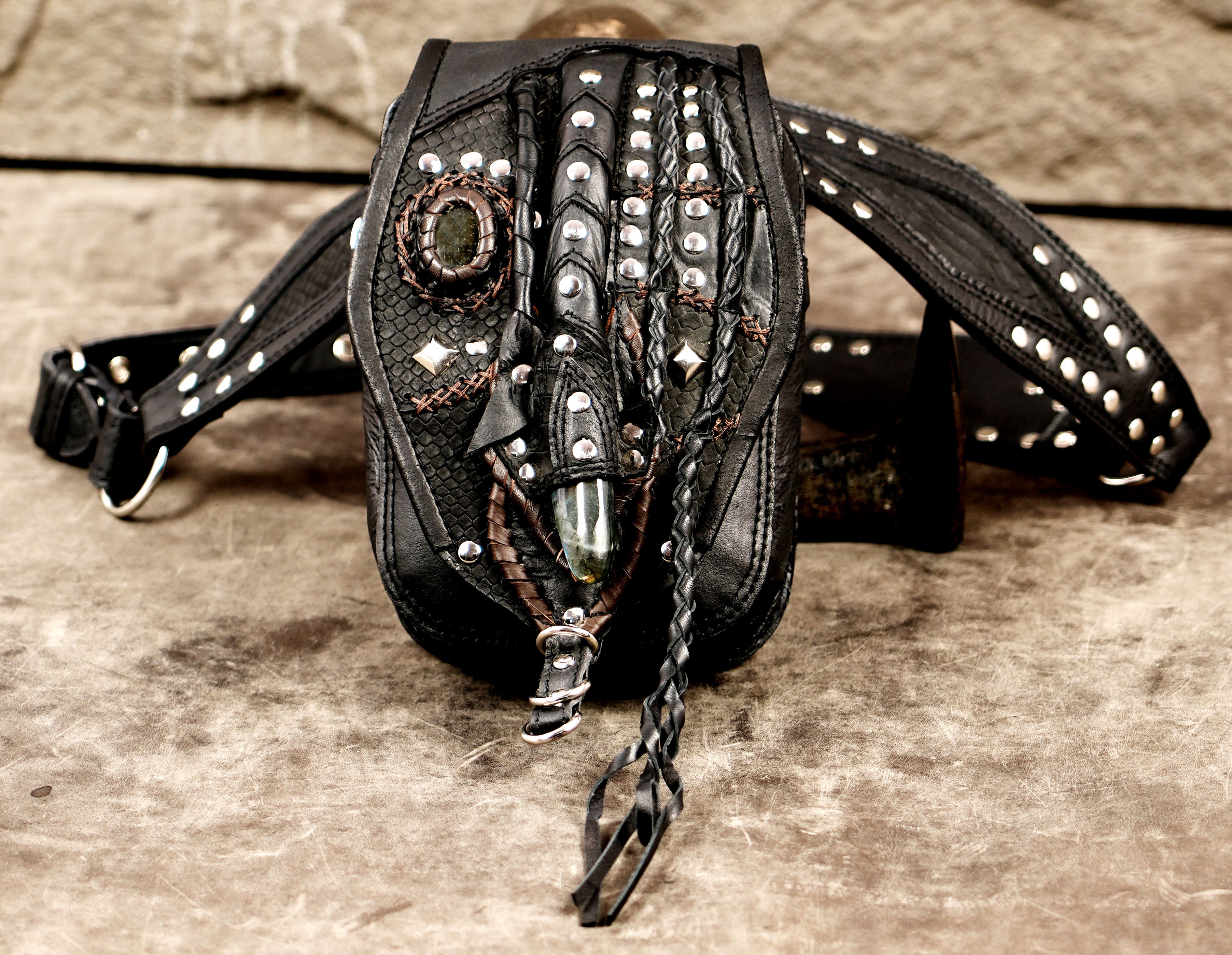Artisan leather utility belt featuring labradorite stone and rivets