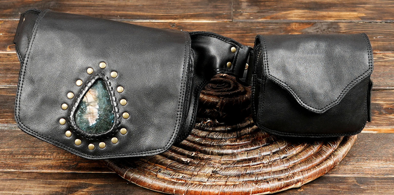 Handmade Leather Utility Belt Bag with Labradorite Stone – Adjustable Pocket Belt with Double Pouches, Festival Hip Bag