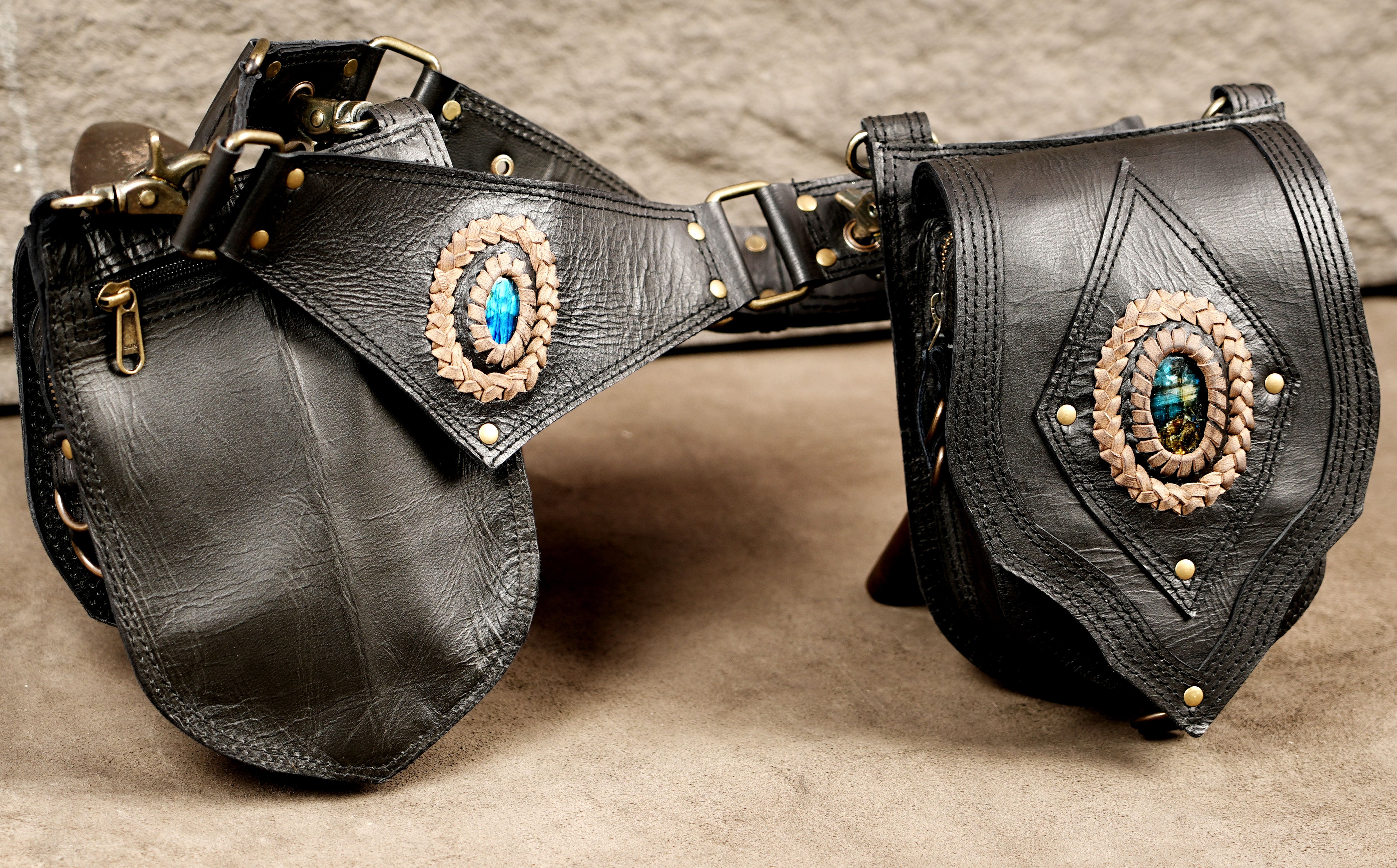 Leather Festival Hip Belt with Twin Pouches and Rivets