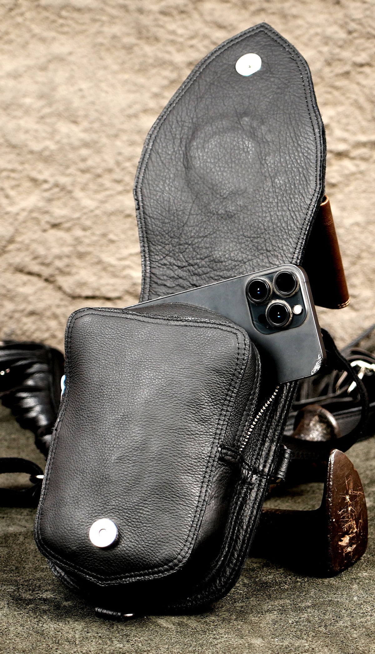 Adjustable leather harness straps with silver buckles and D-rings