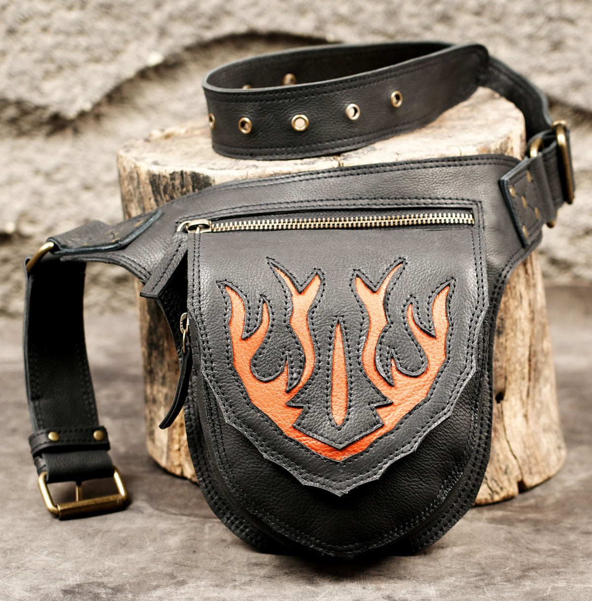 Black leather utility waist belt for men and women