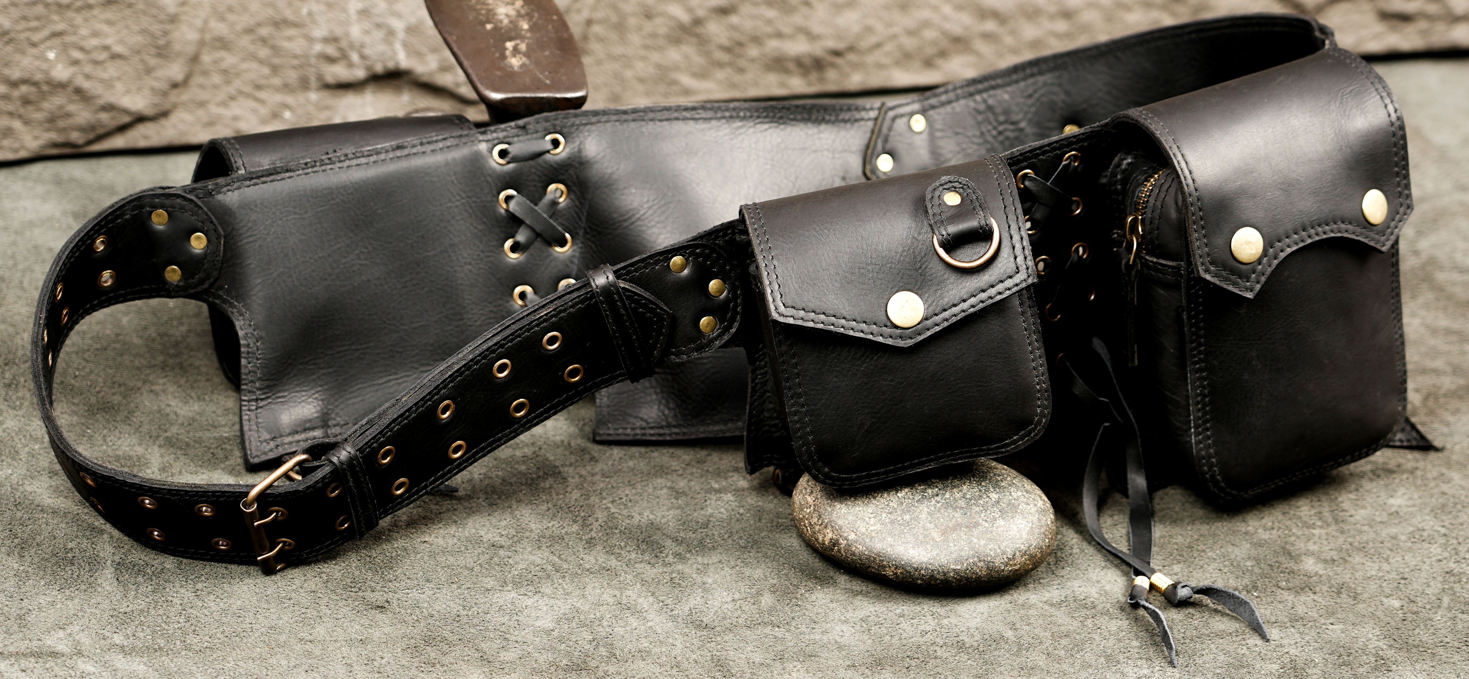 Handmade leather hip belt with antique brass O-ring buckle