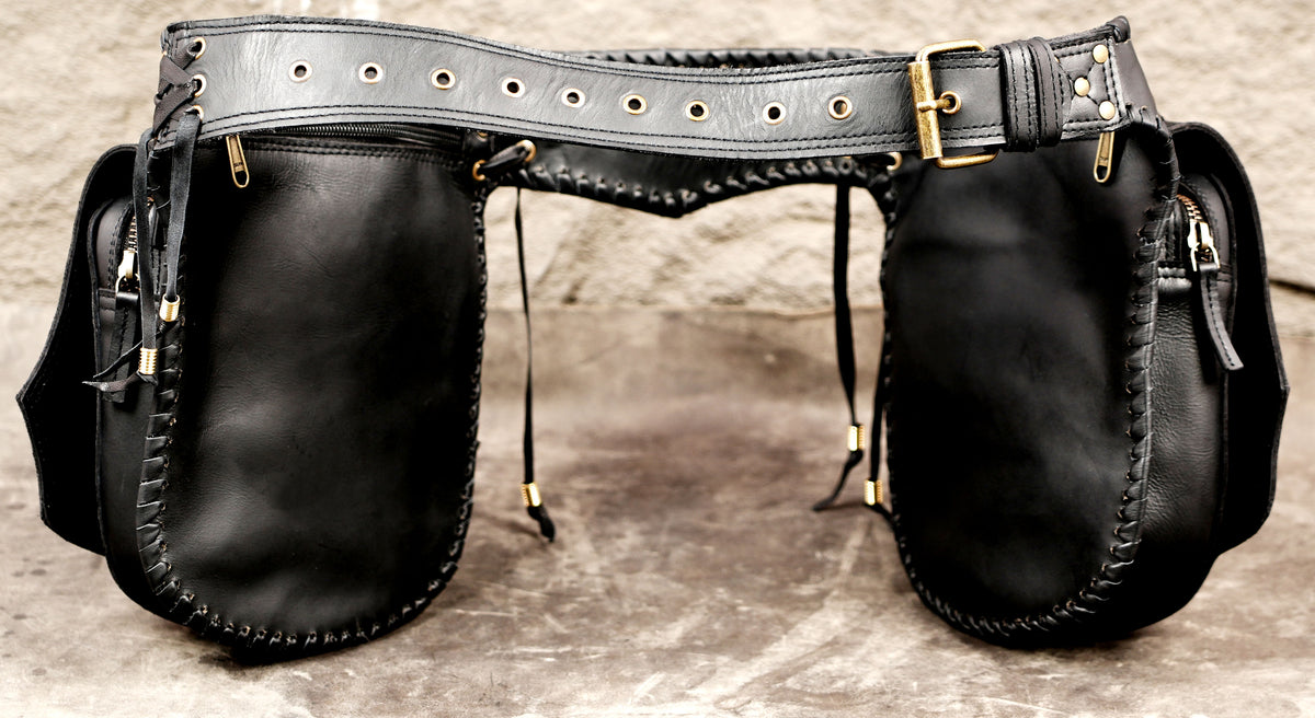 Rustic handmade leather belt with stone decoration