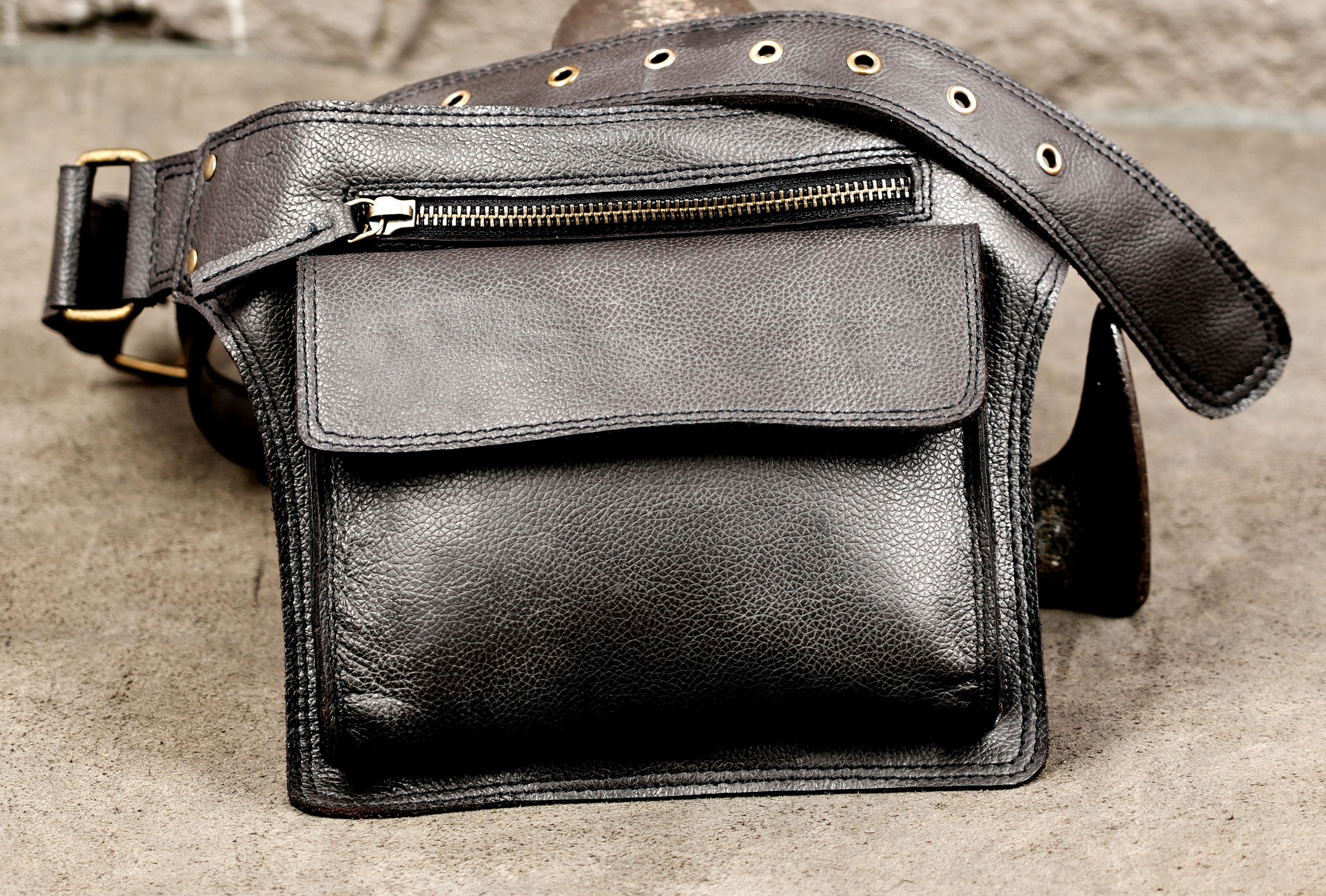 Black Leather Utility Pouch with Zipper Storage Compartment