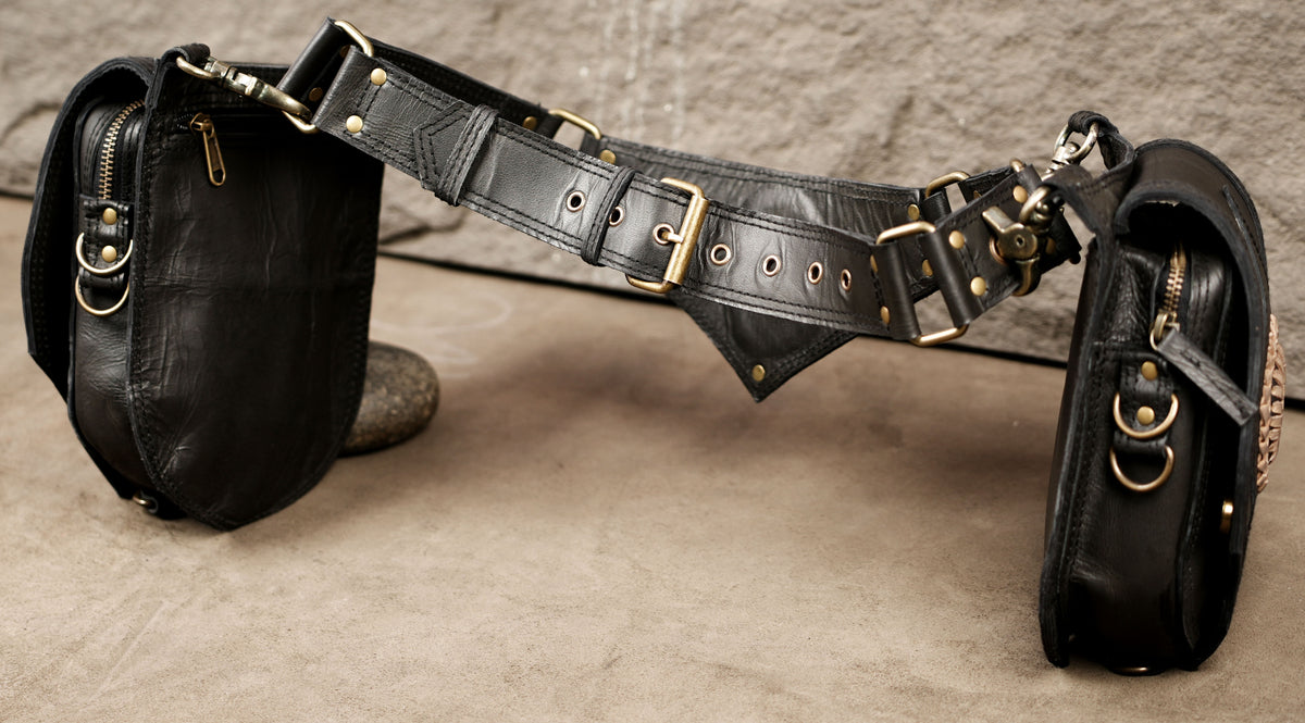 Boho leather festival waist pouch with two side pockets and Natural Labradorite stones