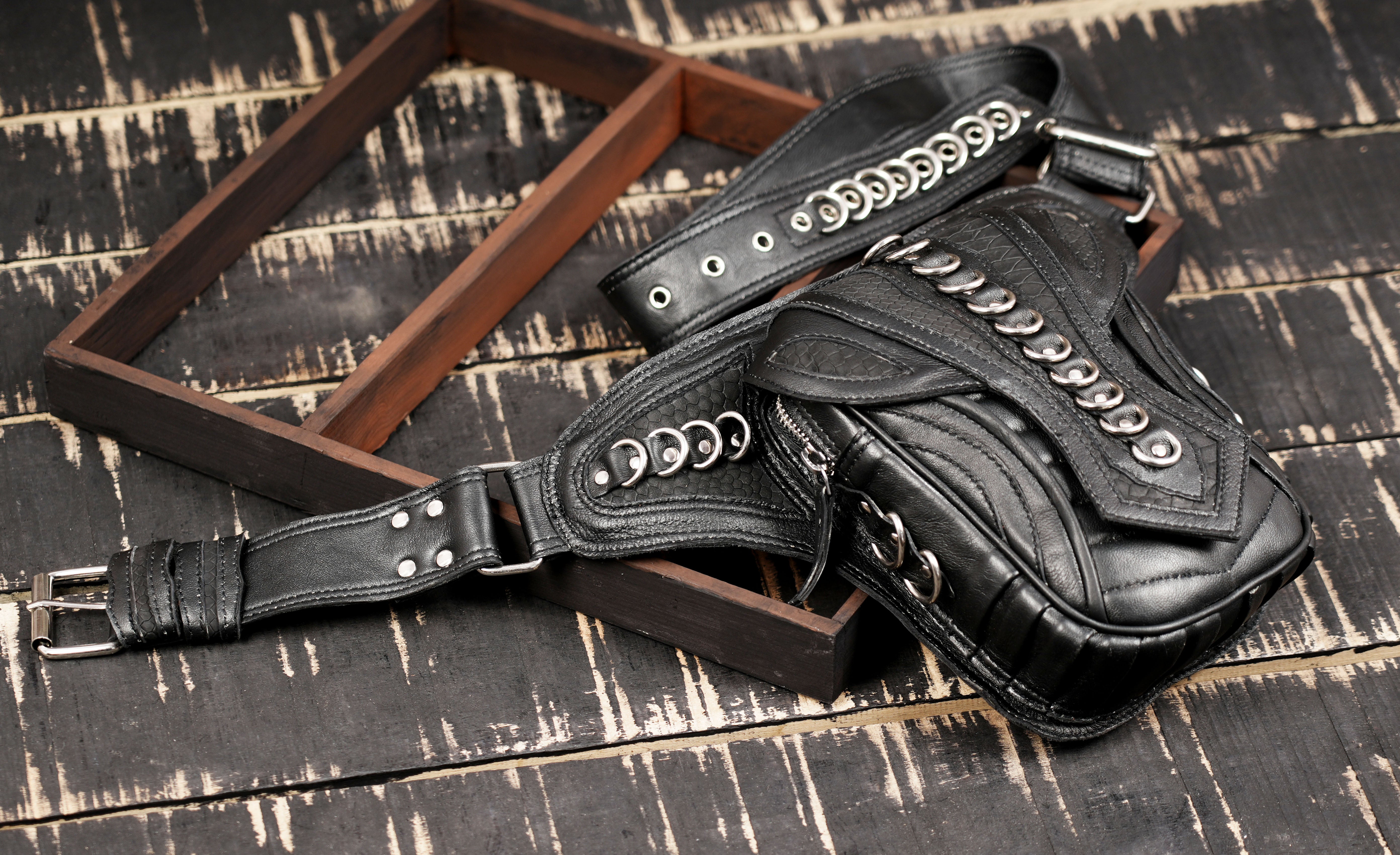 Handmade Black Leather Waist Belt with Front Utility Pouch | Adjustable Leather Belt Bag | Gothic Festival Travel Leather Belt (LT/NS/WB/6032)