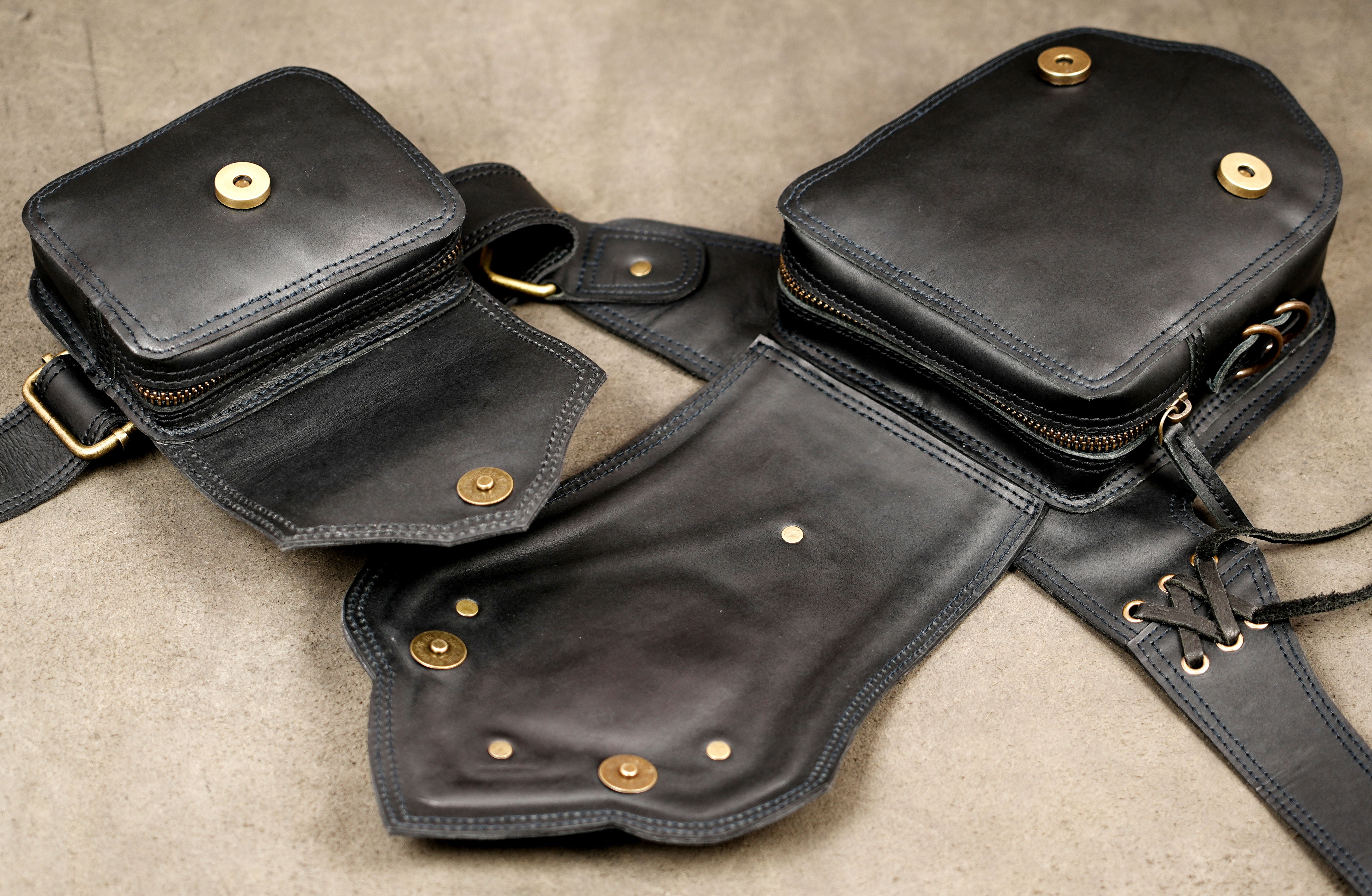 Rustic black leather hip belt with large pouch