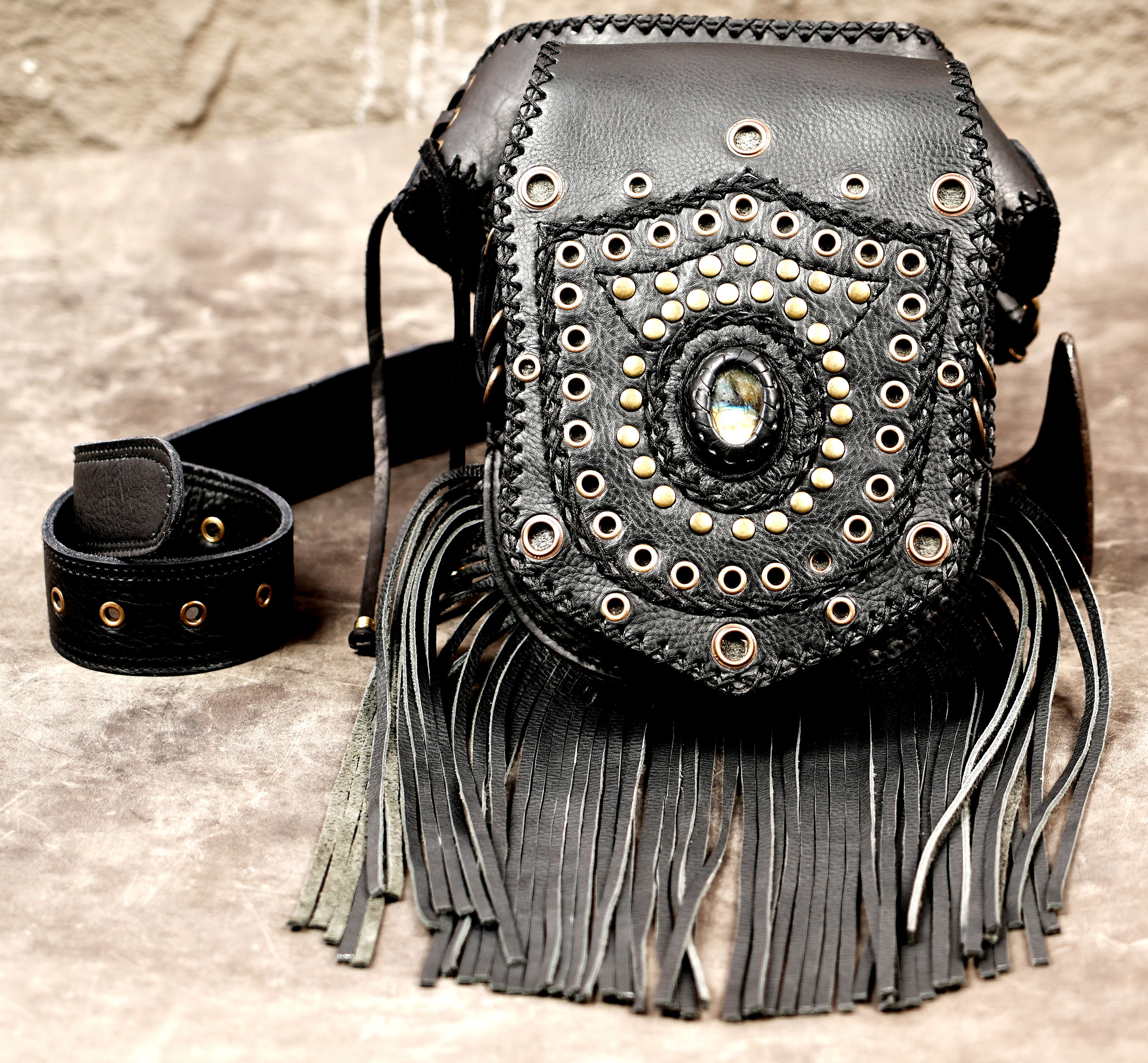 Handcrafted leather belt with long black fringe