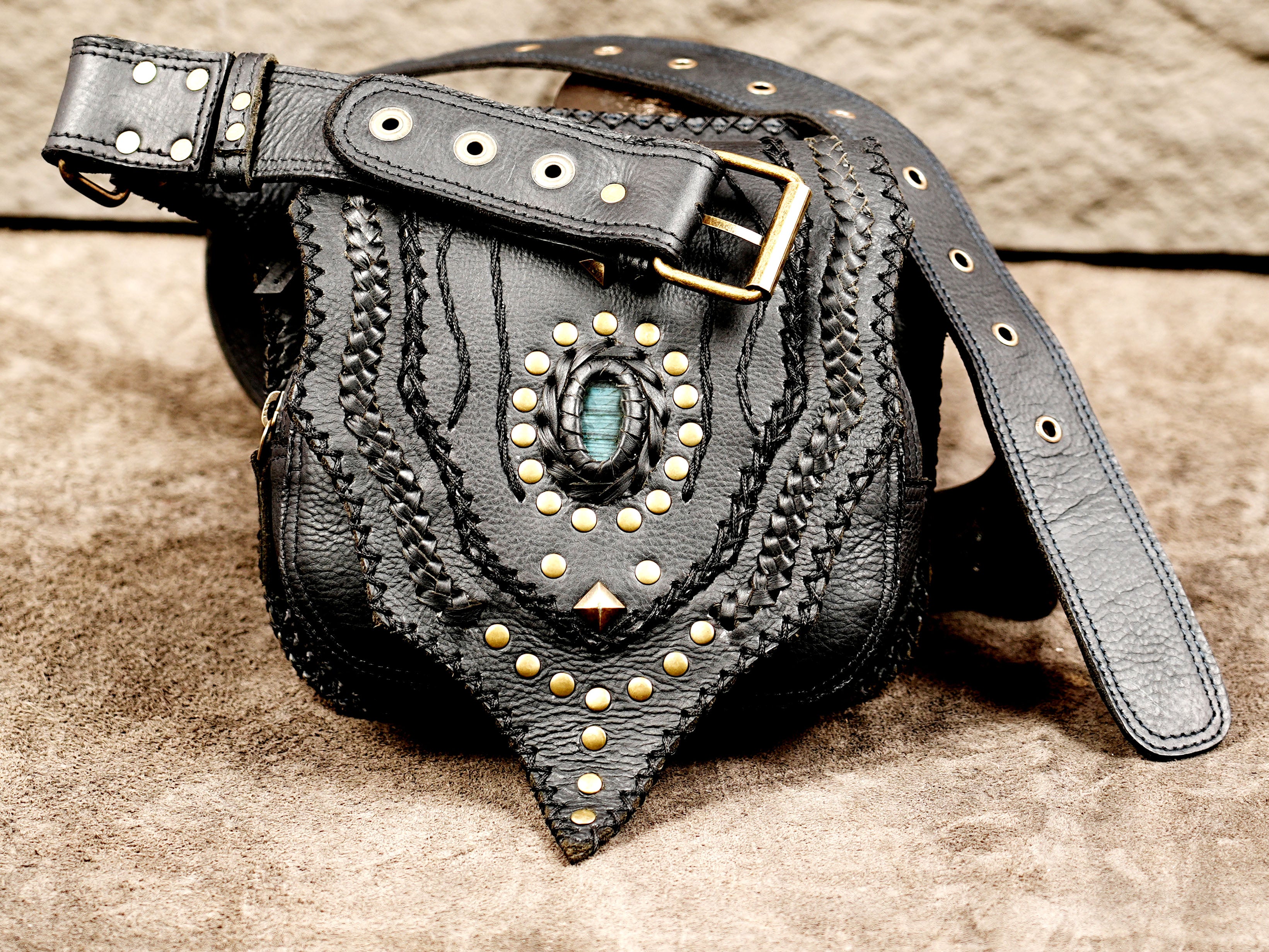 Artisan leather hip belt with antique brass details