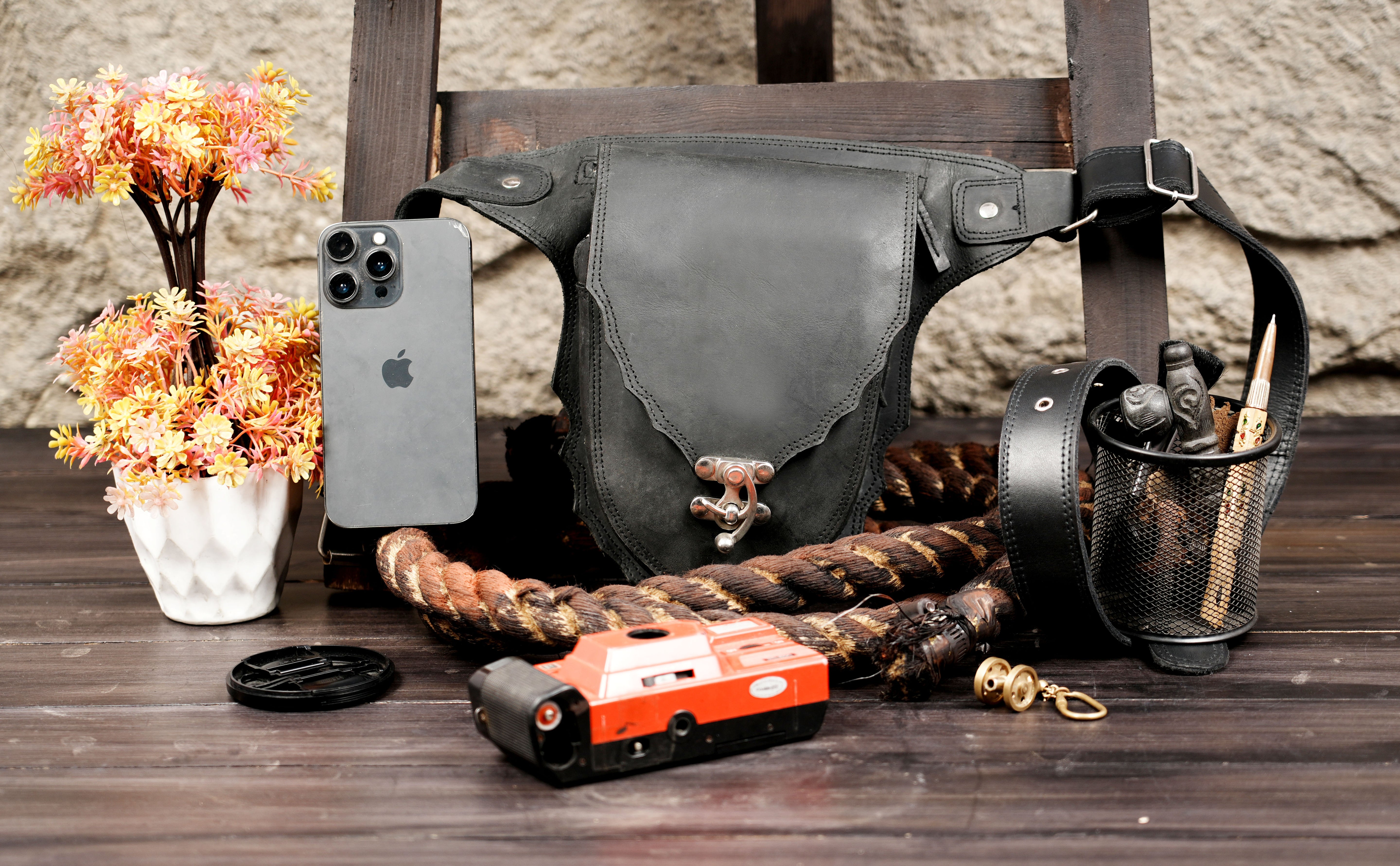 Handmade black leather waist belt accessory