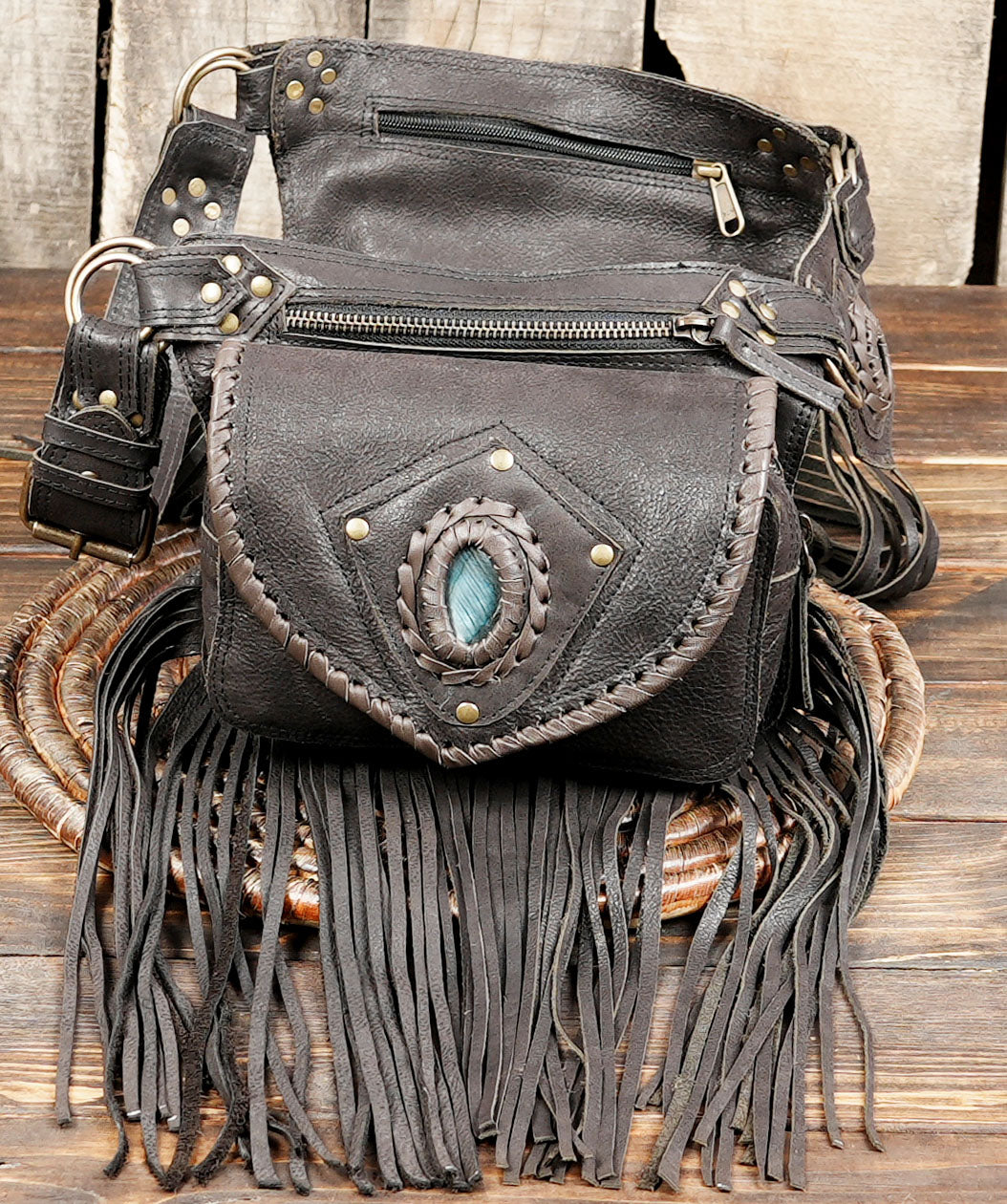 Handmade Leather Fringe Belt Bag, Black Western Waist Belt, Boho Hip Pouch, Stone Accent, Festival Wear