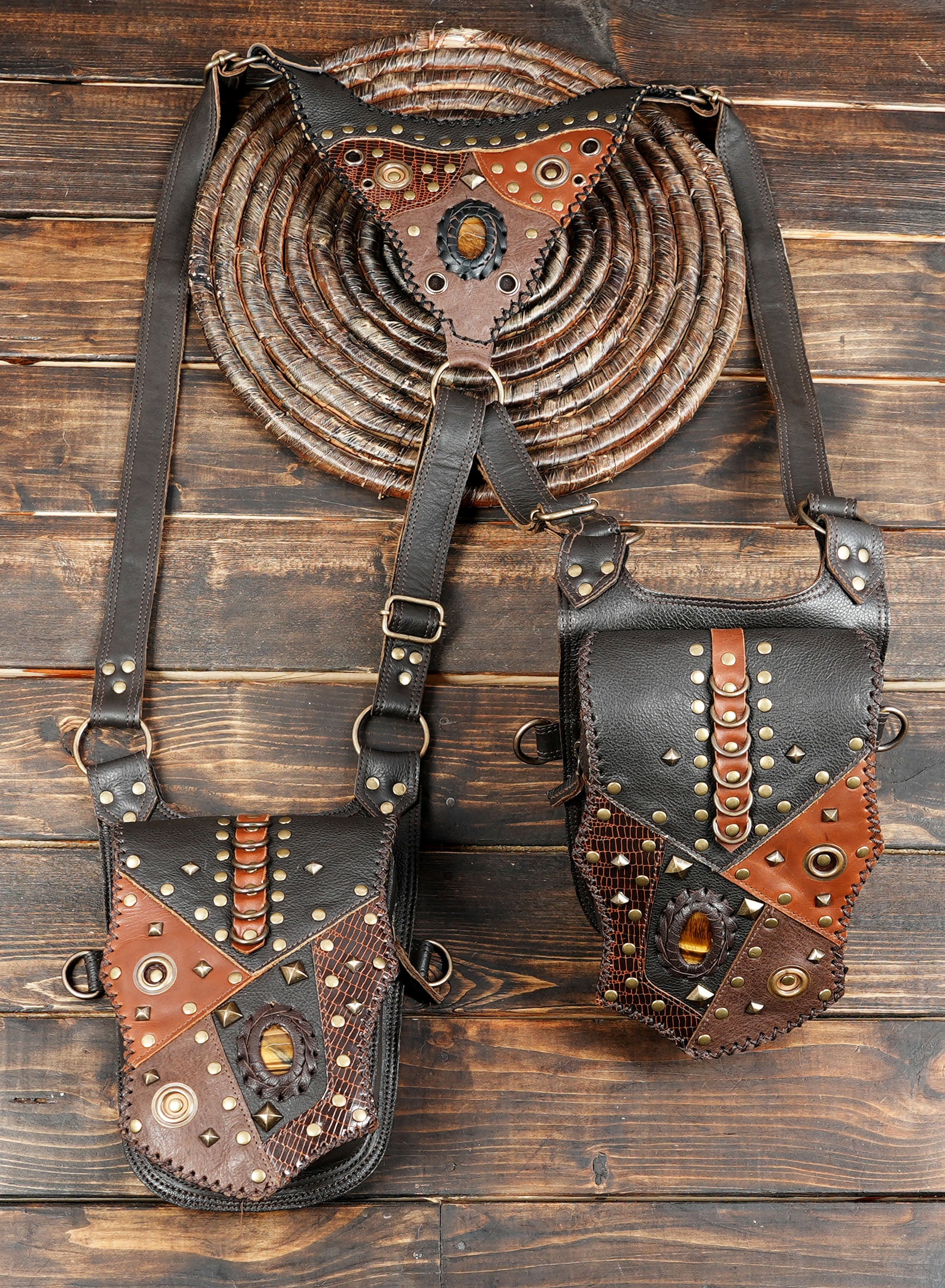 Bohemian Leather Holster Harness with Dual Storage Pouches & Metal Hardware
