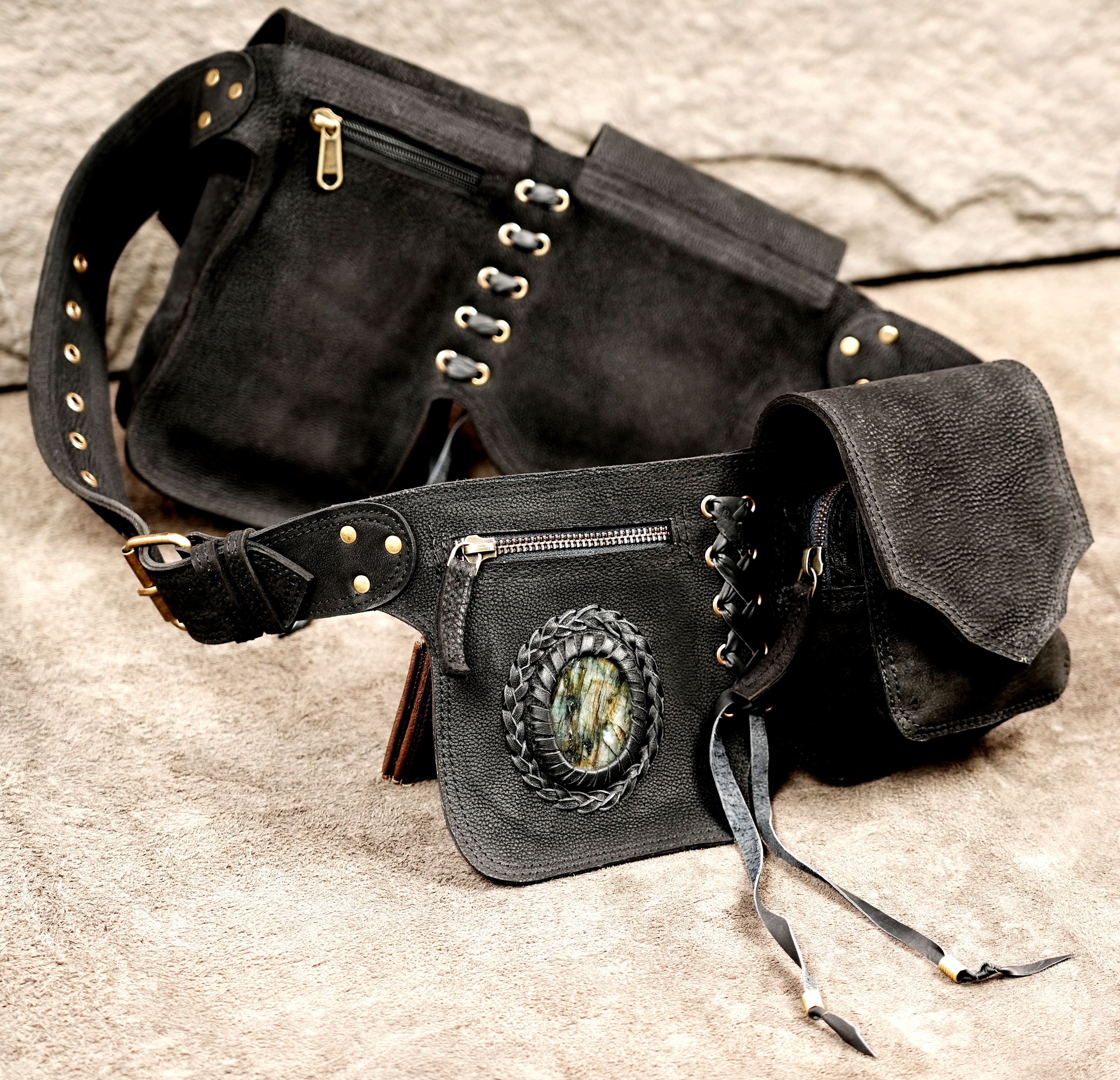 Bohemian black leather waist pouch belt for festivals