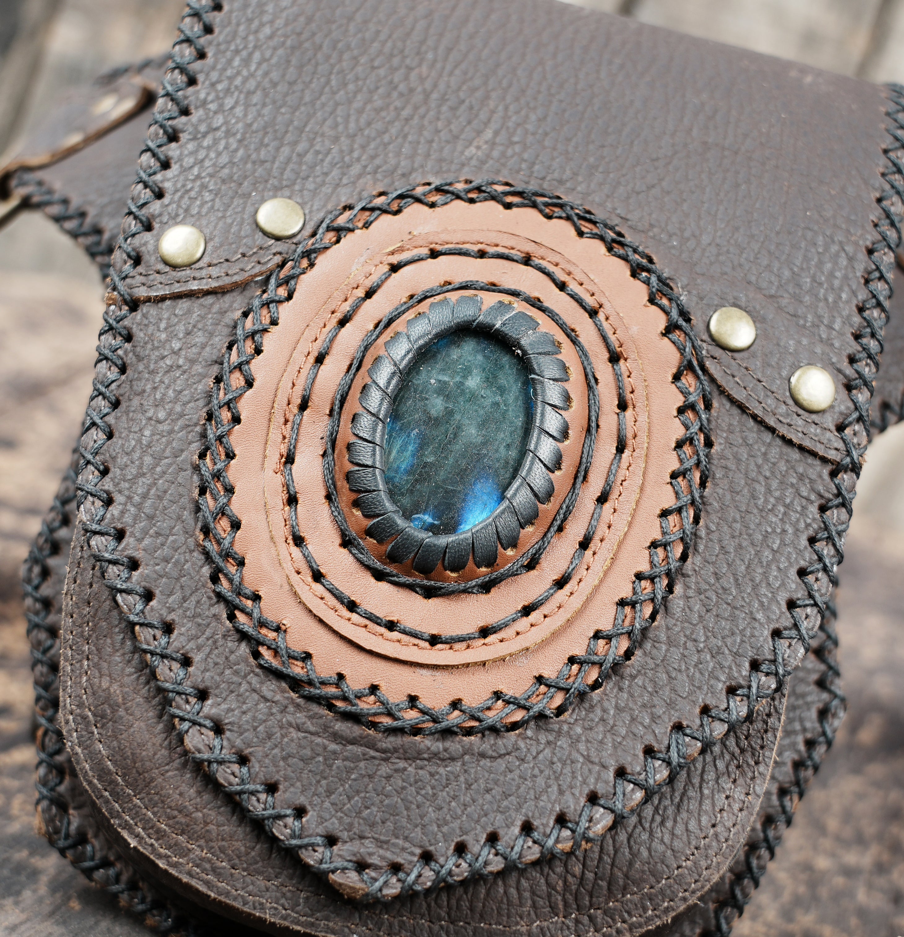 Handmade Leather Waist Belt with Front Pouch and Stone Detail || Leather Waist Belt Bag with Metal Hardware || Handmade Leather Waist Belt for Travel and Festivals (LT/AB/WB/6191)