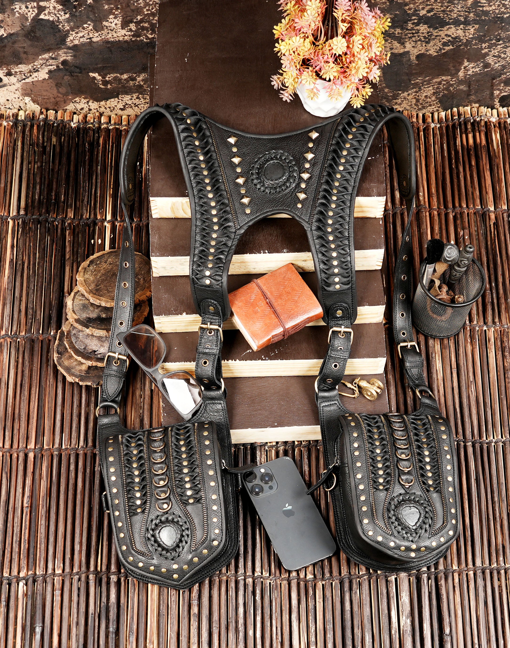 Handmade Black Leather Shoulder Holster Harness with Dual Utility Pouches | Adjustable Chest Rig | Gothic Steampunk Leather Holster (LT/AB/HLS/6053)