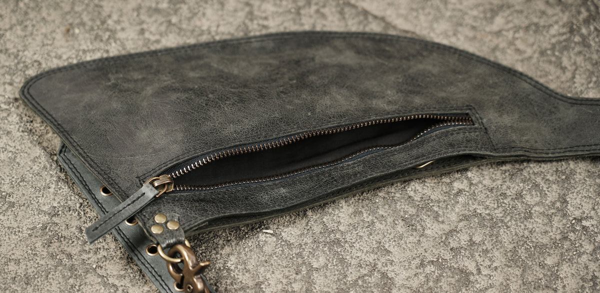 Handmade black leather chest harness with utility storage pockets