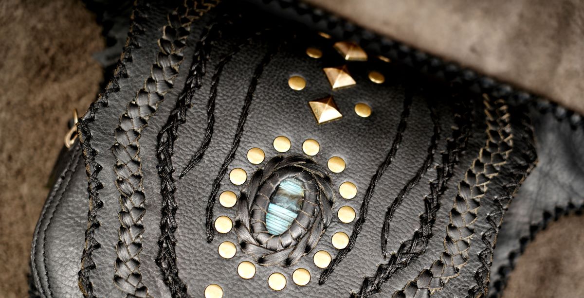 Black leather waist bag belt with brass studs