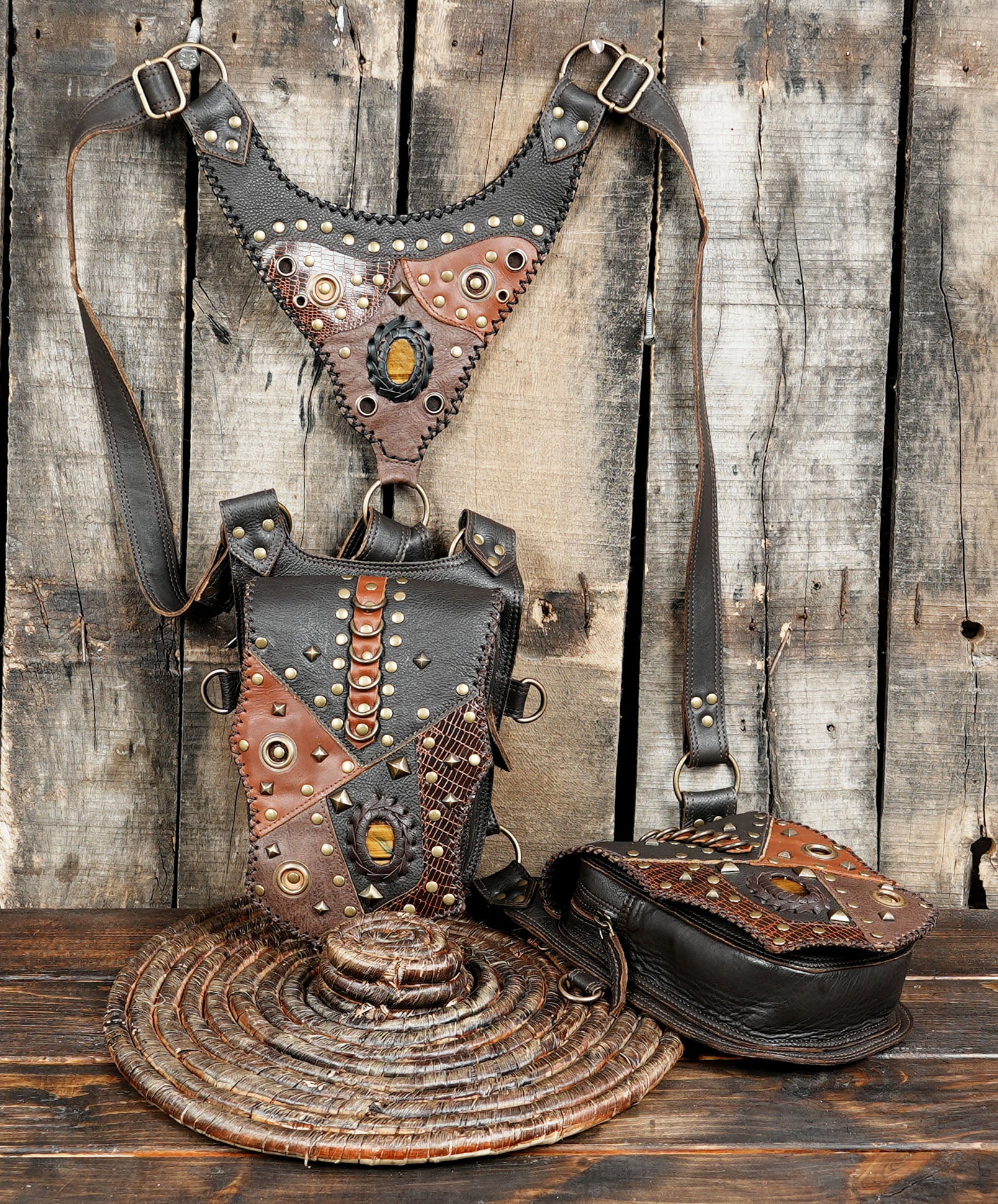 Multi-pocket leather holster belt with rugged vintage look