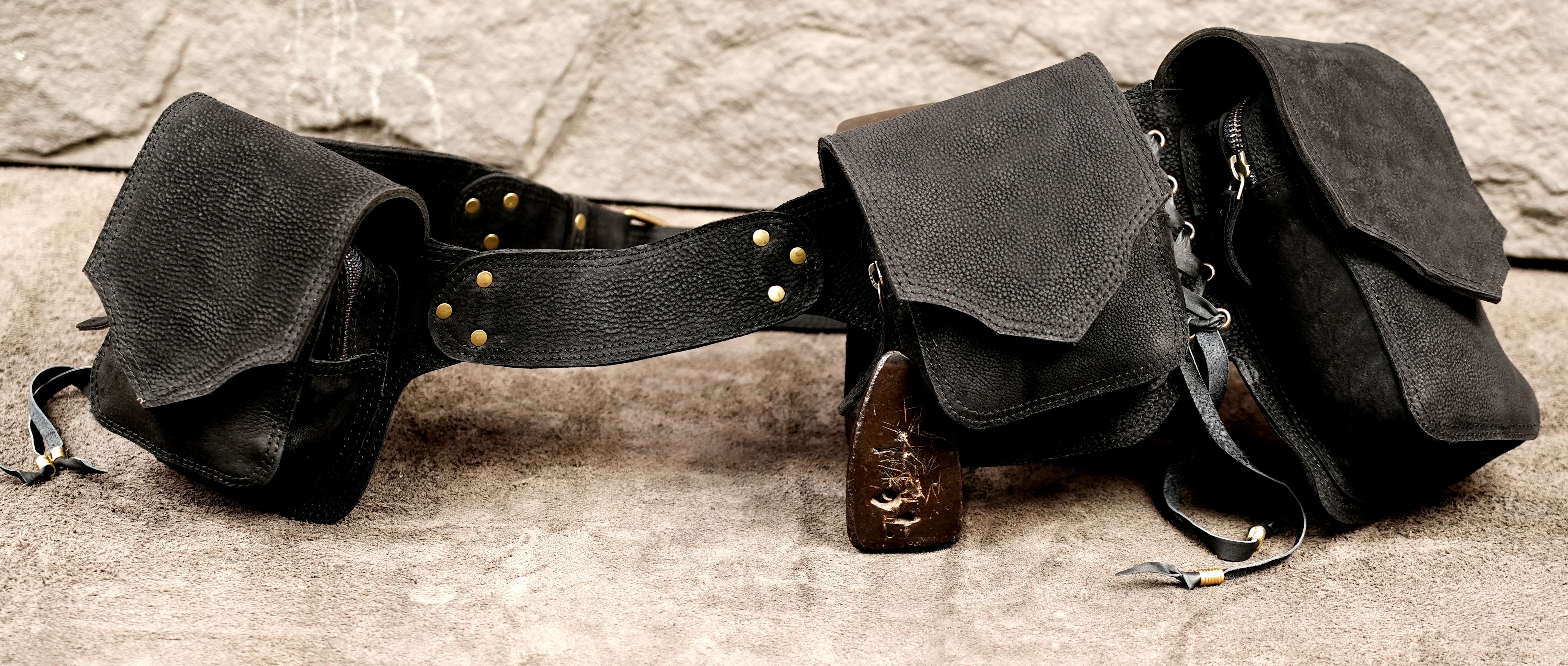 Leather utility hip belt with multiple handmade pockets
