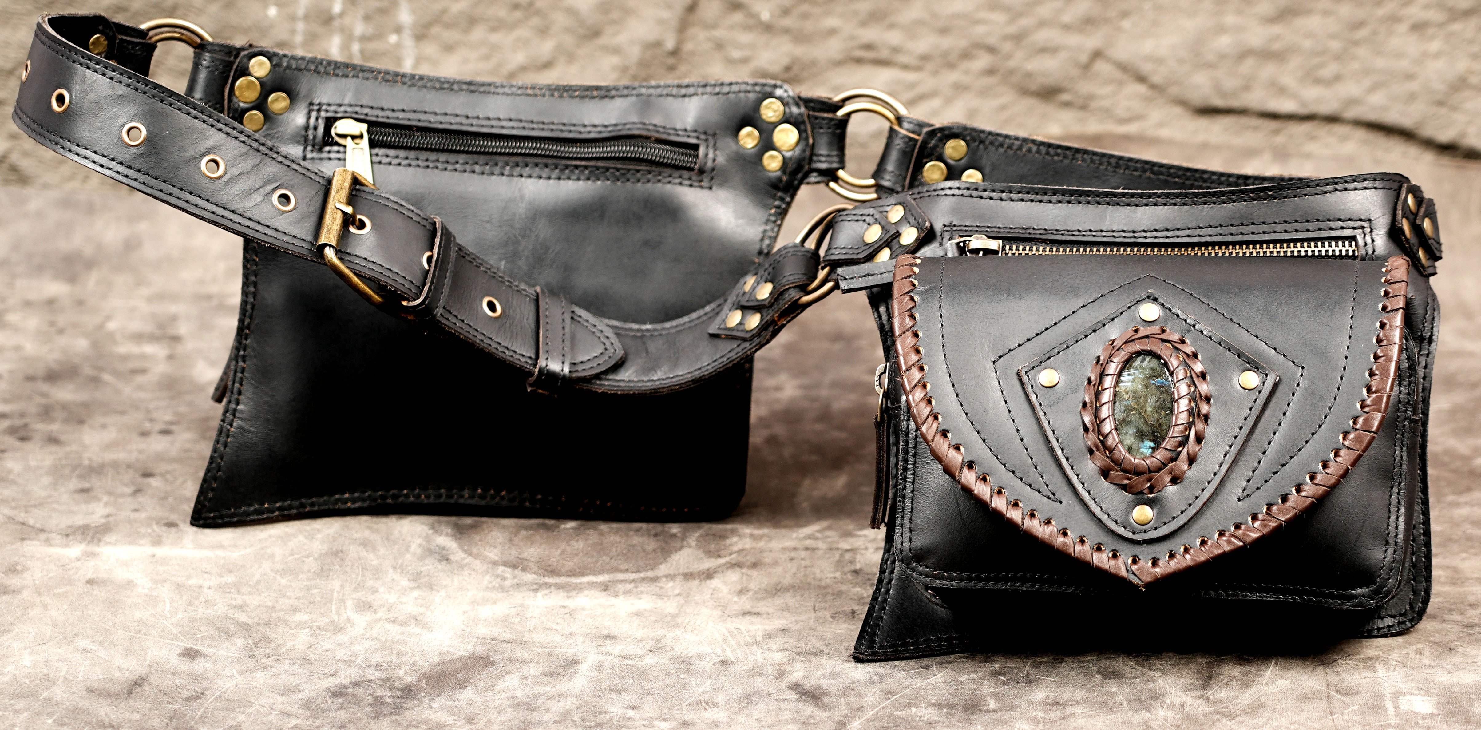 Black leather hip belt with stones