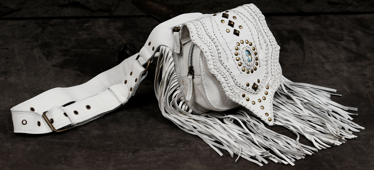 White Western leather waist purse with long fringe tassels

