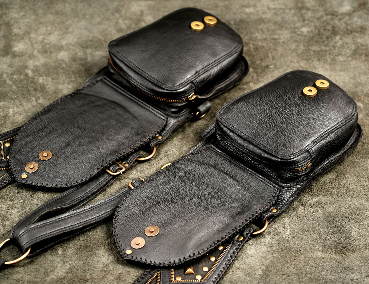 Festival-ready leather shoulder holster with dual storage pockets and rugged hardware details