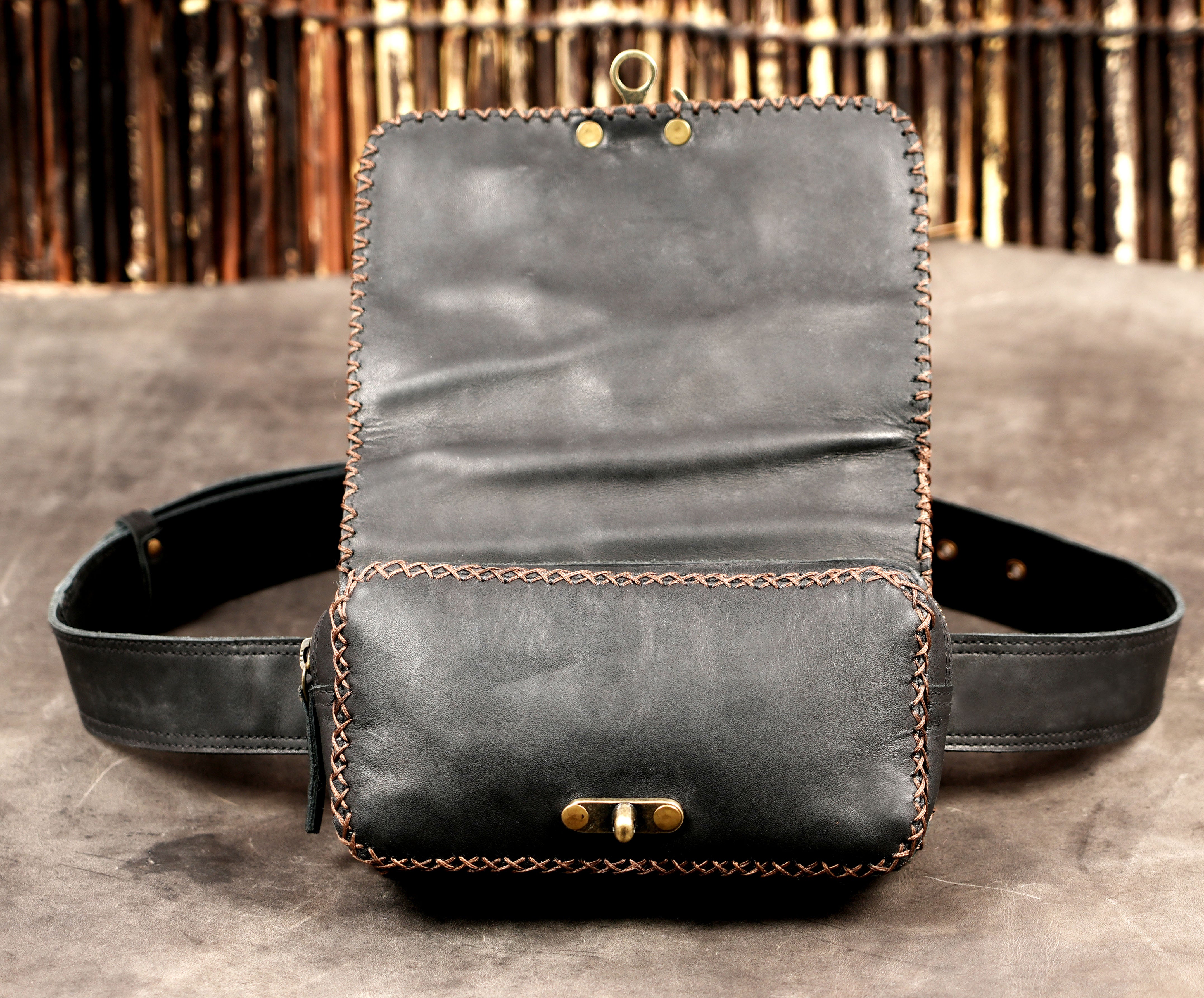 Black Leather Waist Belt Bag with Labradorite Stone and Antique Brass Hardware