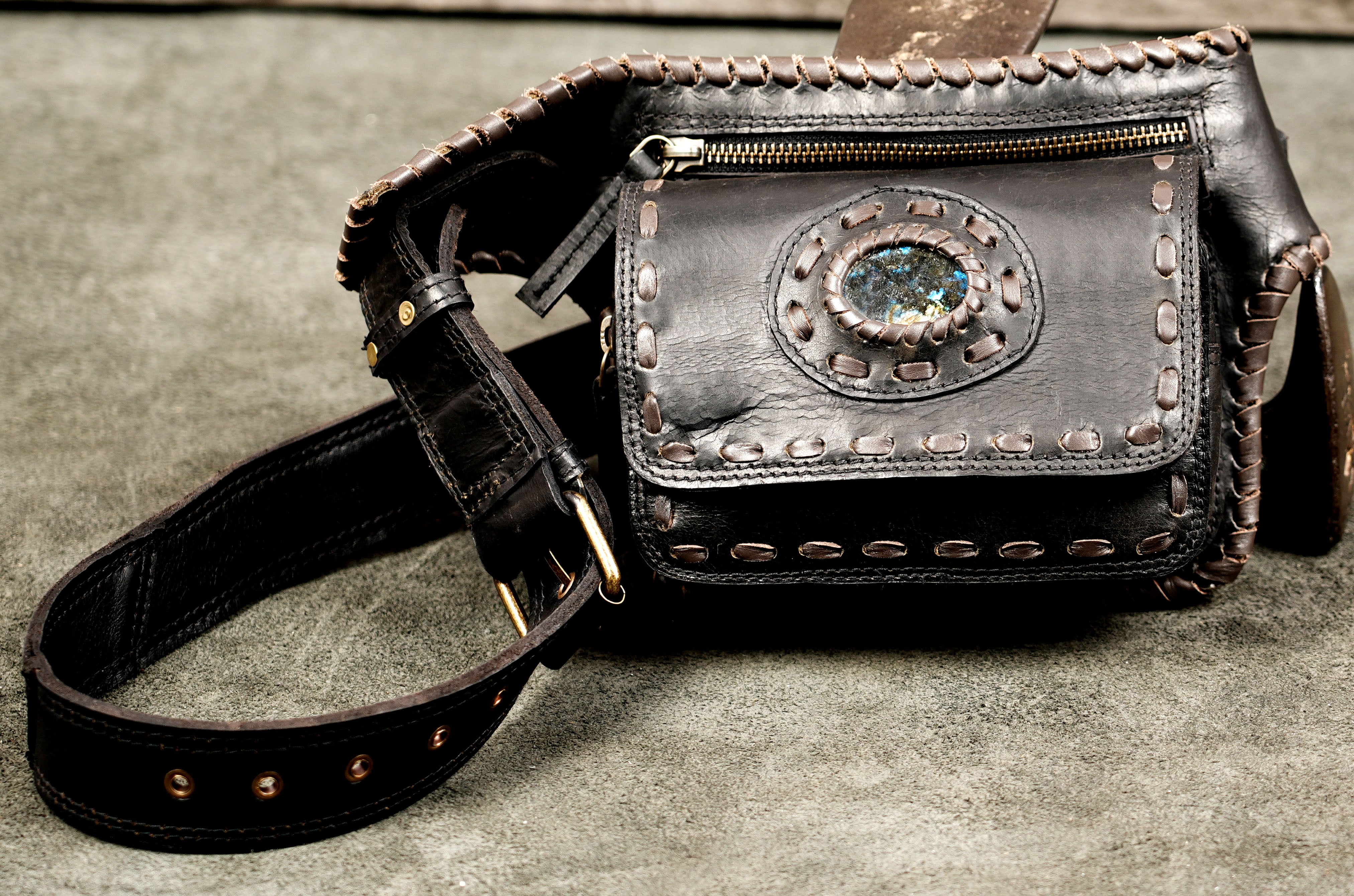 Handmade black leather hip belt