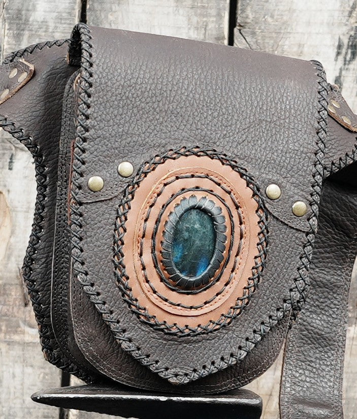 Handmade Leather Waist Belt with Front Pouch and Stone Detail || Leather Waist Belt Bag with Metal Hardware || Handmade Leather Waist Belt for Travel and Festivals (LT/AB/WB/6191)