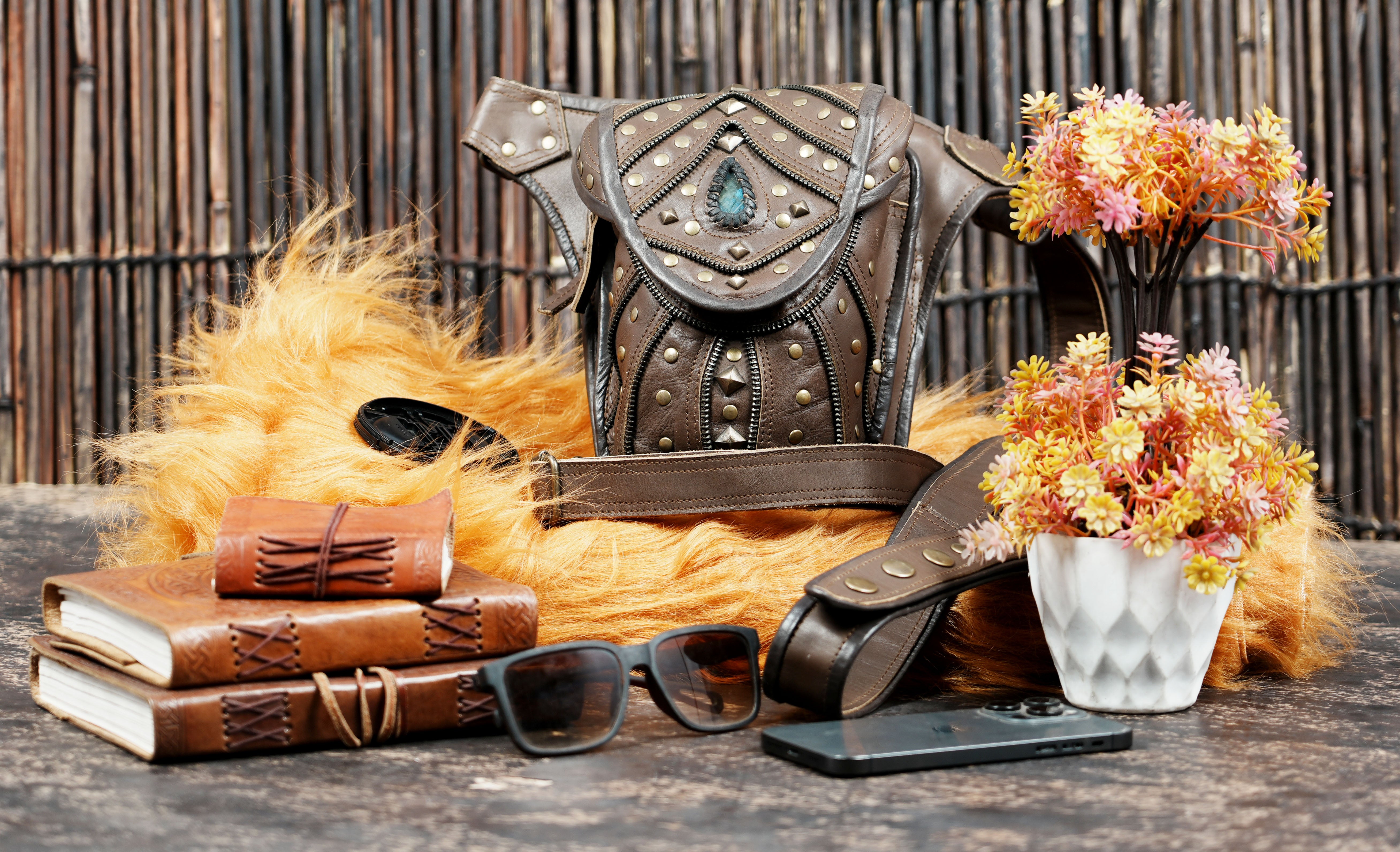 Adjustable leather waist thigh belt with metal hardware