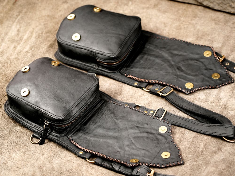 Handmade Black Leather Shoulder Holster, Teardrop Labradorite, Double Pouch, Studded Detail, Antique Brass, Unisex