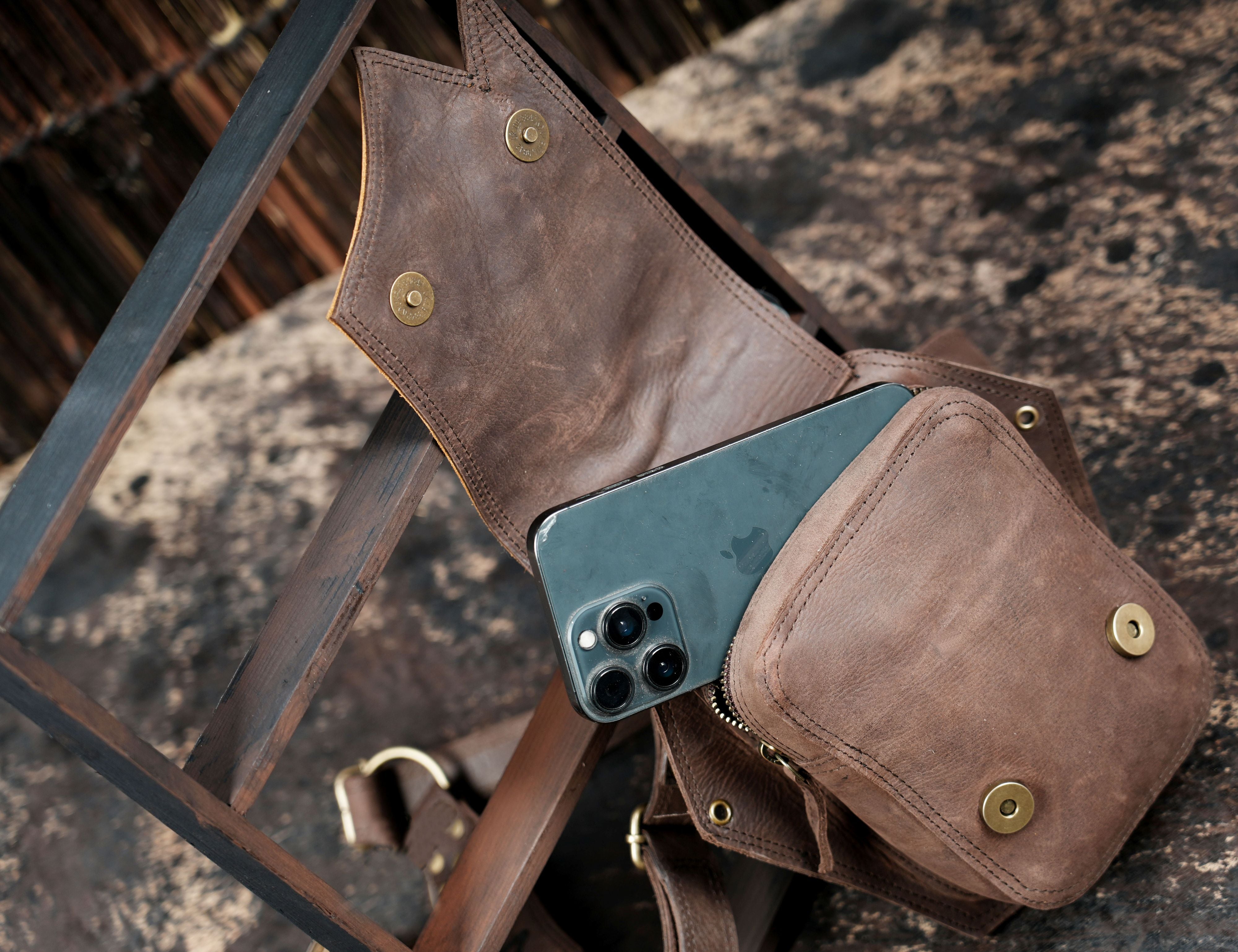 Handmade leather shoulder holster with dual pouches || Tribal leather chest rig with stud work || Travel leather utility shoulder rig (LT/AB/HLS/6060)