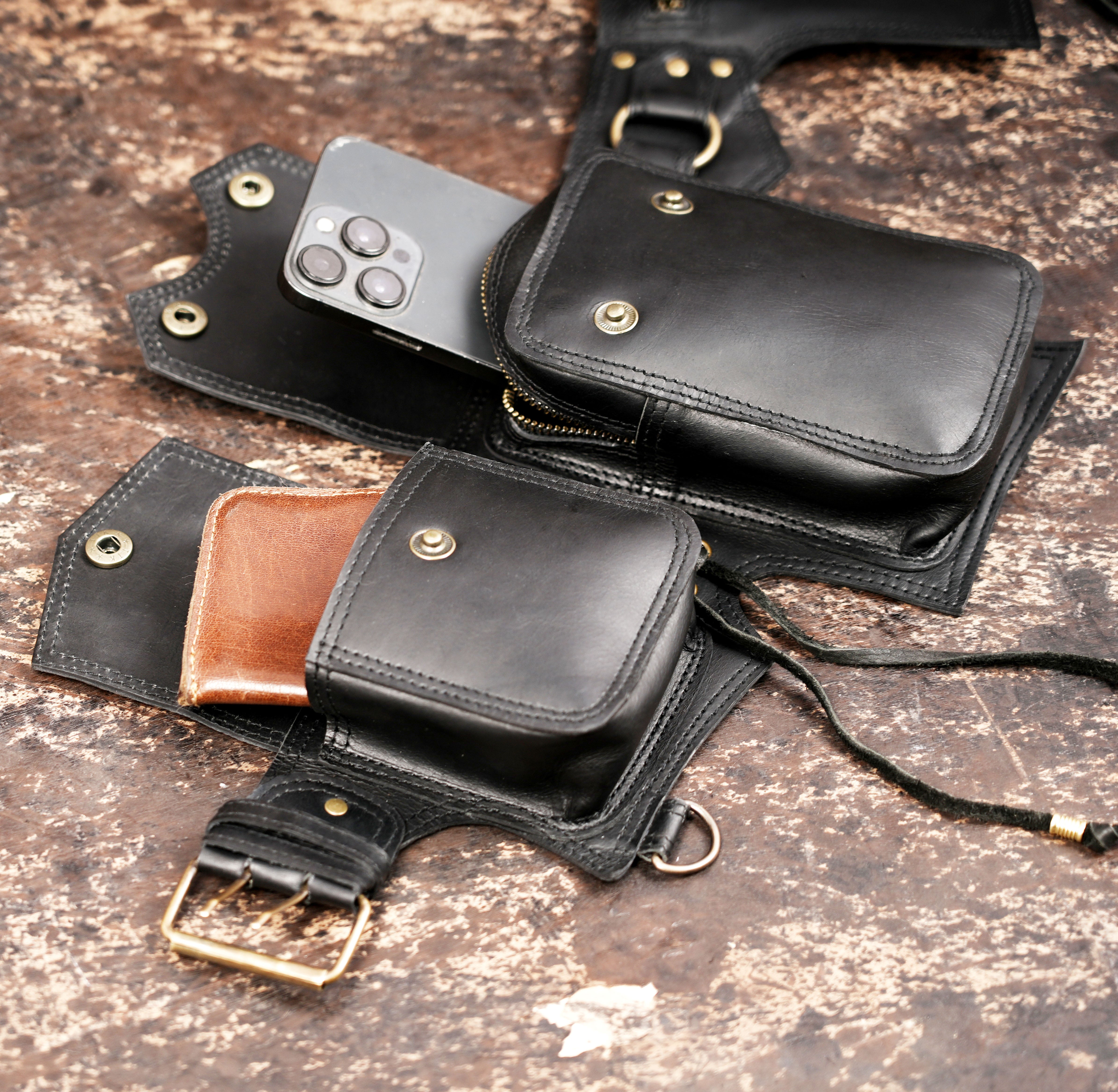 Handmade leather waist belt front view