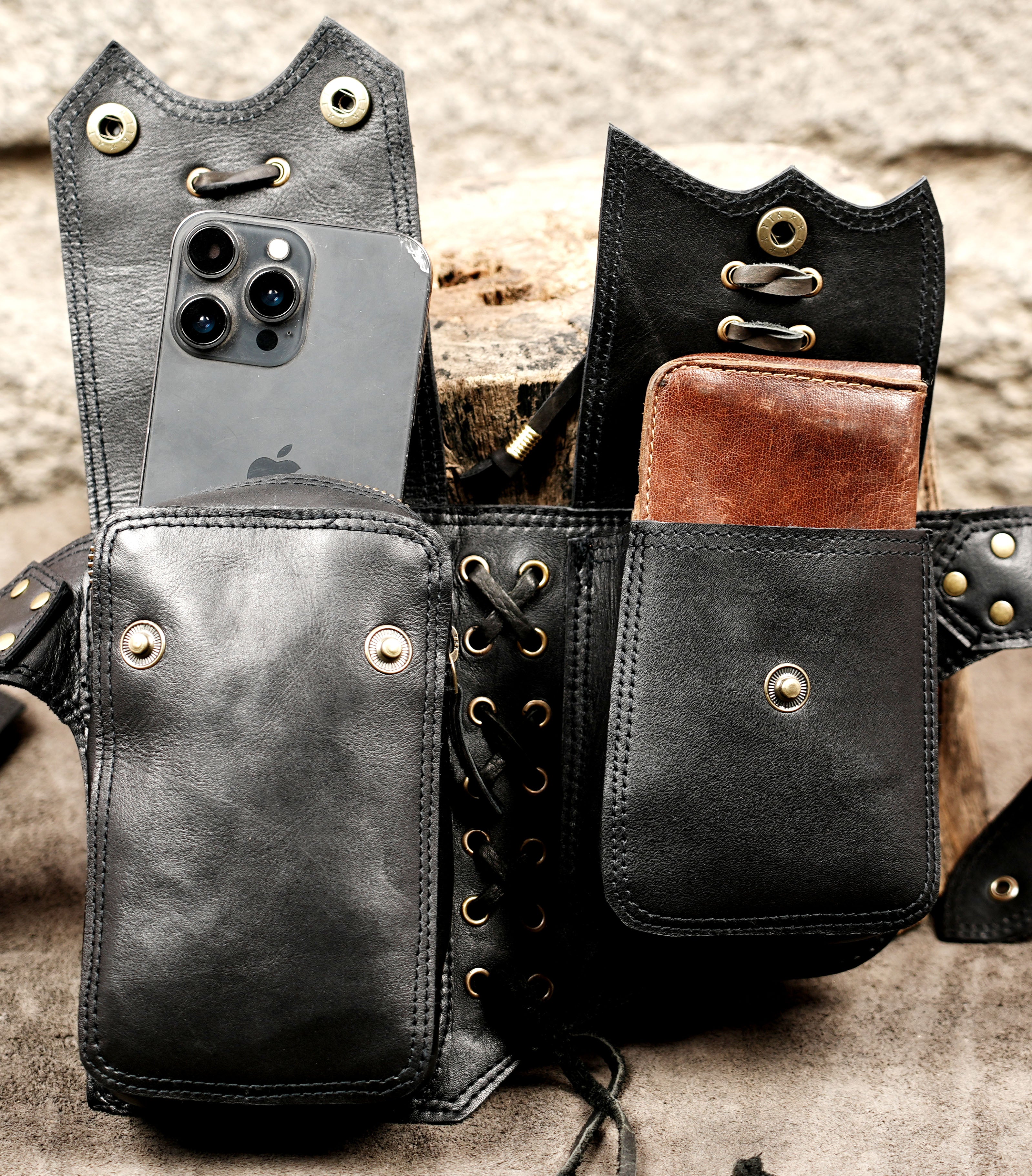 Steampunk black leather hip belt for costumes