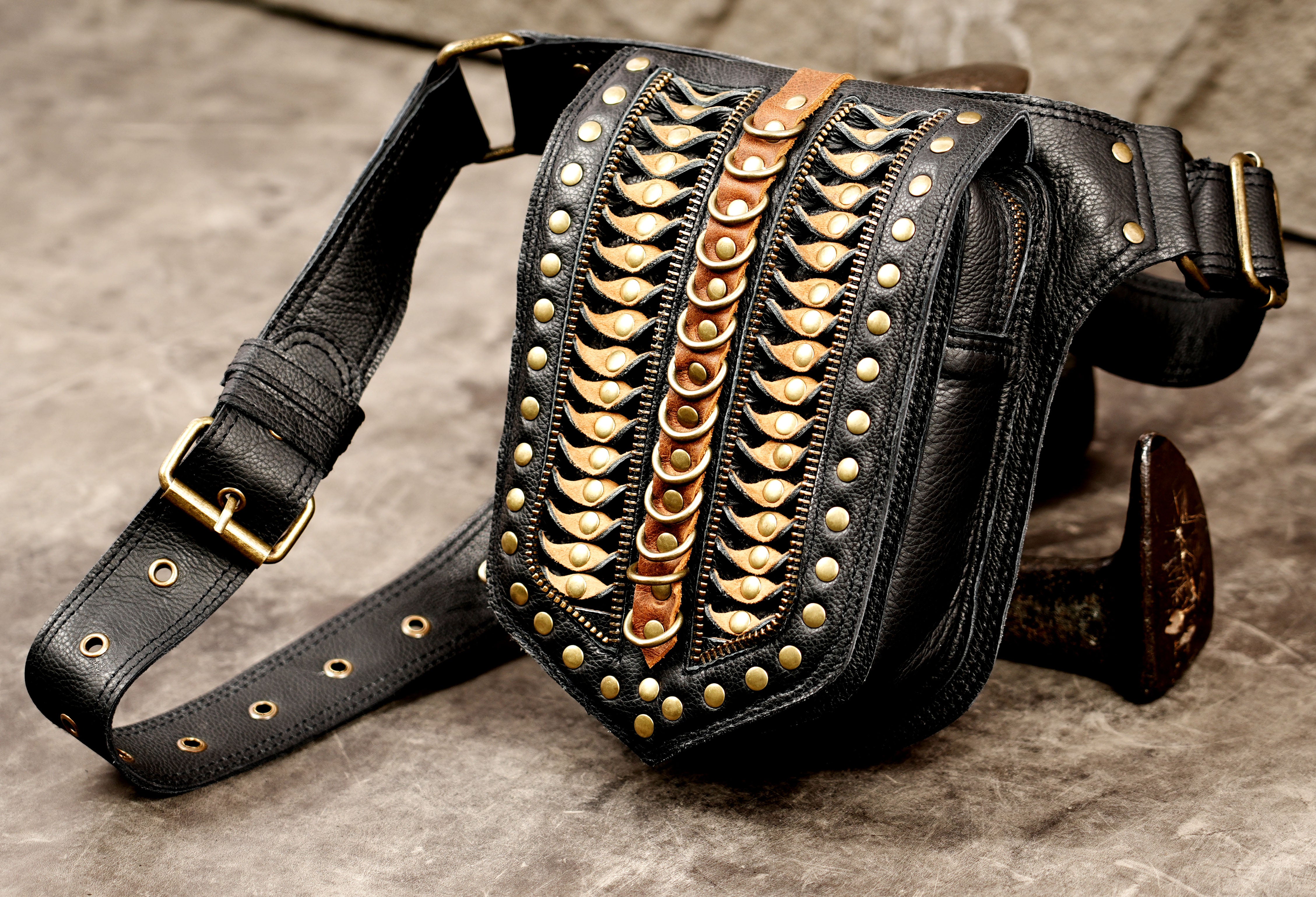 Handmade black leather statement belt for women