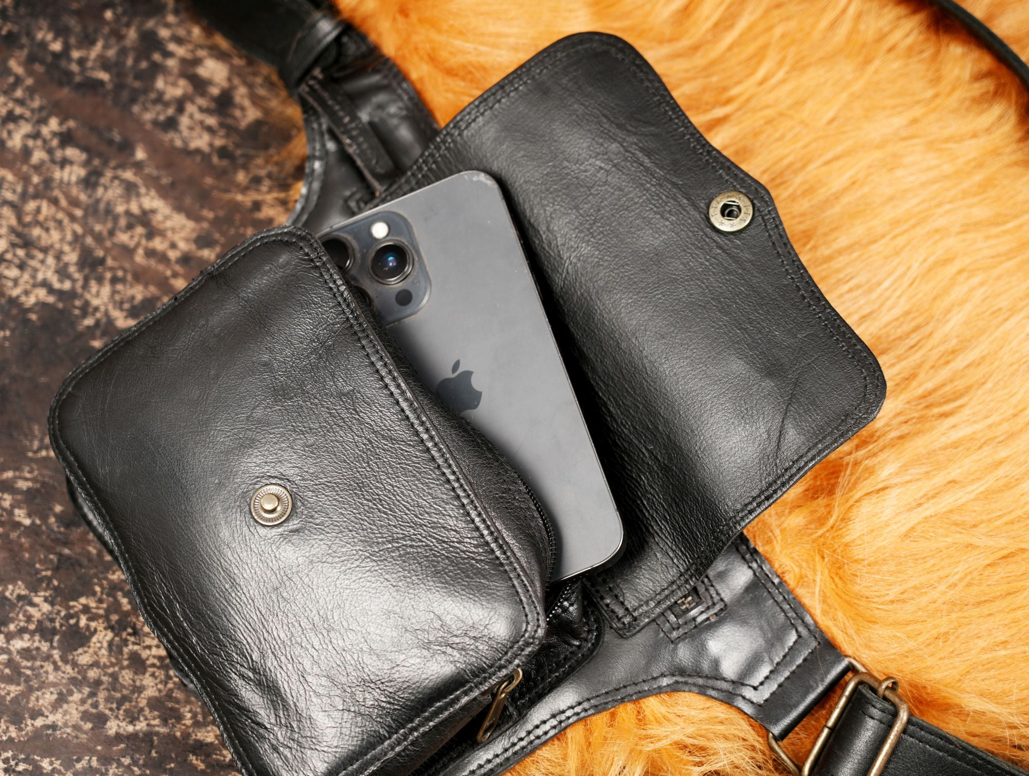 Classic black leather waist belt with small carry pouch