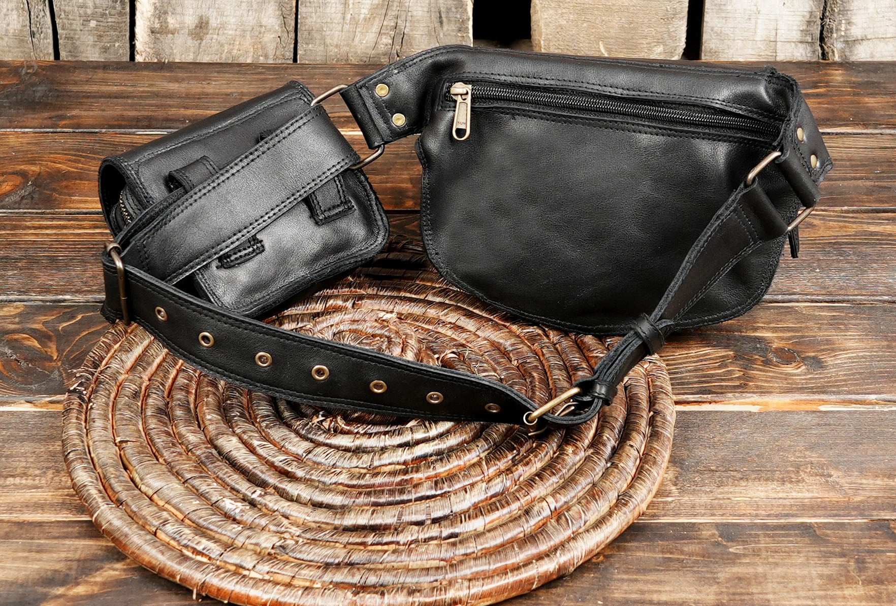 Handmade Leather Utility Belt Bag with Labradorite Stone – Adjustable Pocket Belt with Double Pouches, Festival Hip Bag