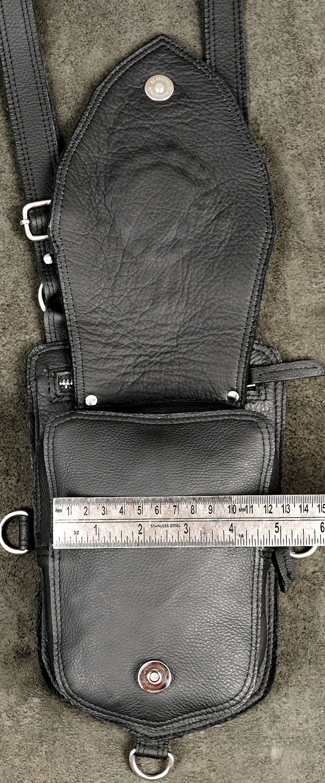 Hands-free leather pouch harness for travel, festivals and outdoor events