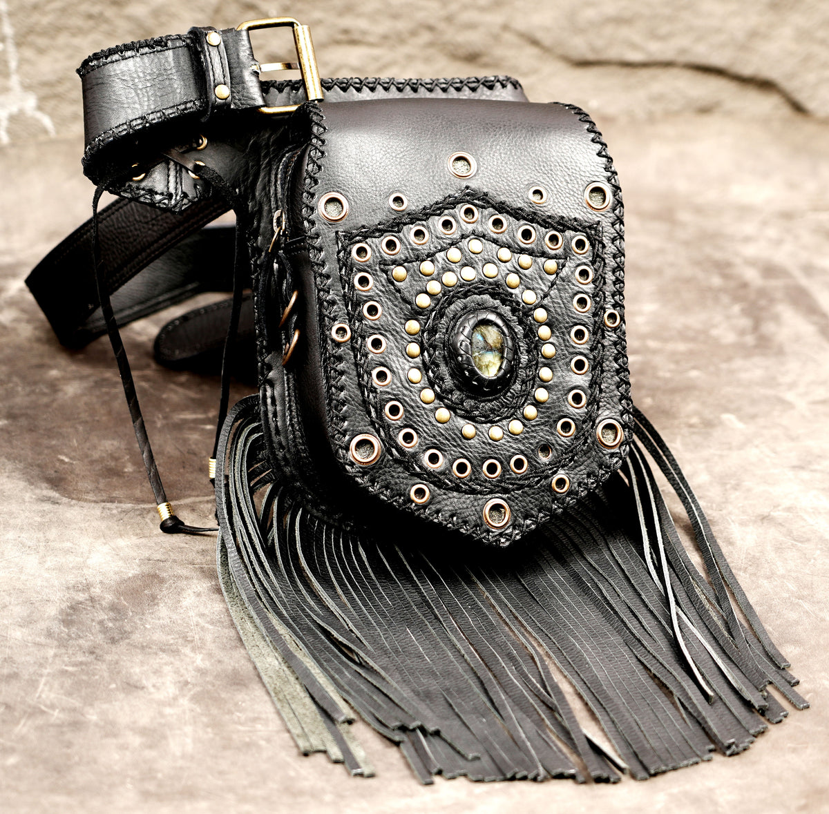 Leather festival hip belt with natural stone accent