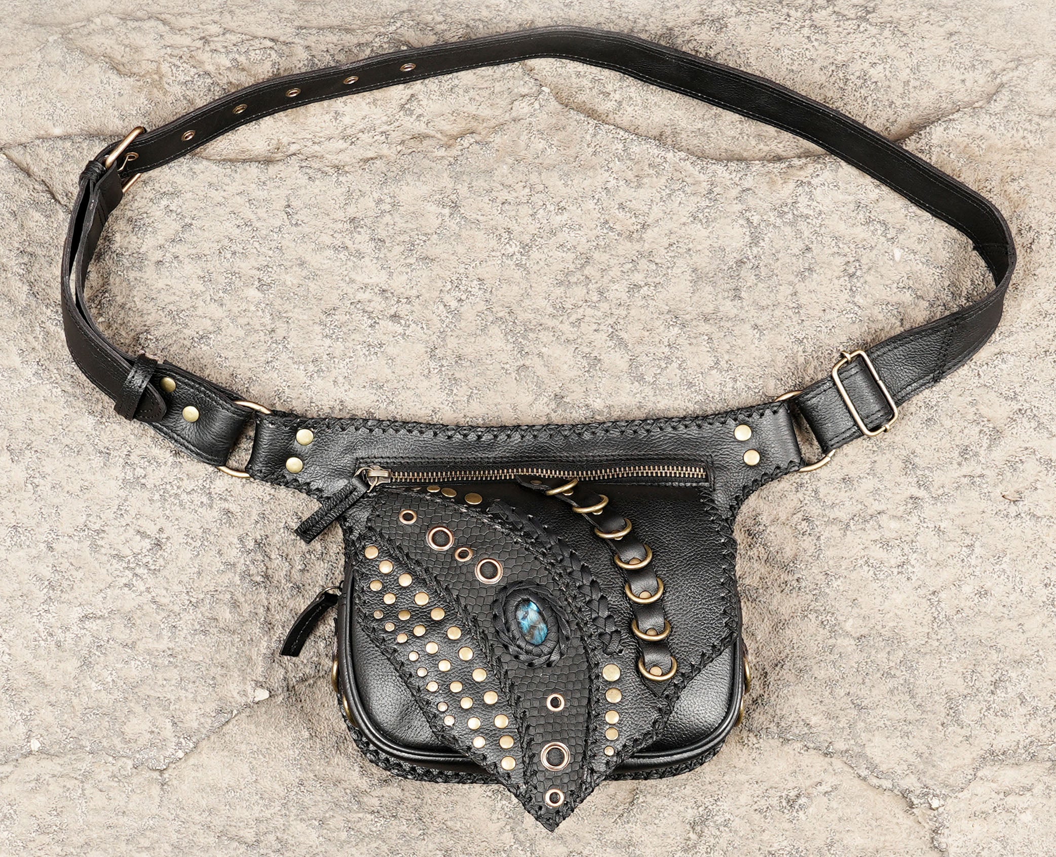 Handmade leather hip bag with handcrafted stitching details