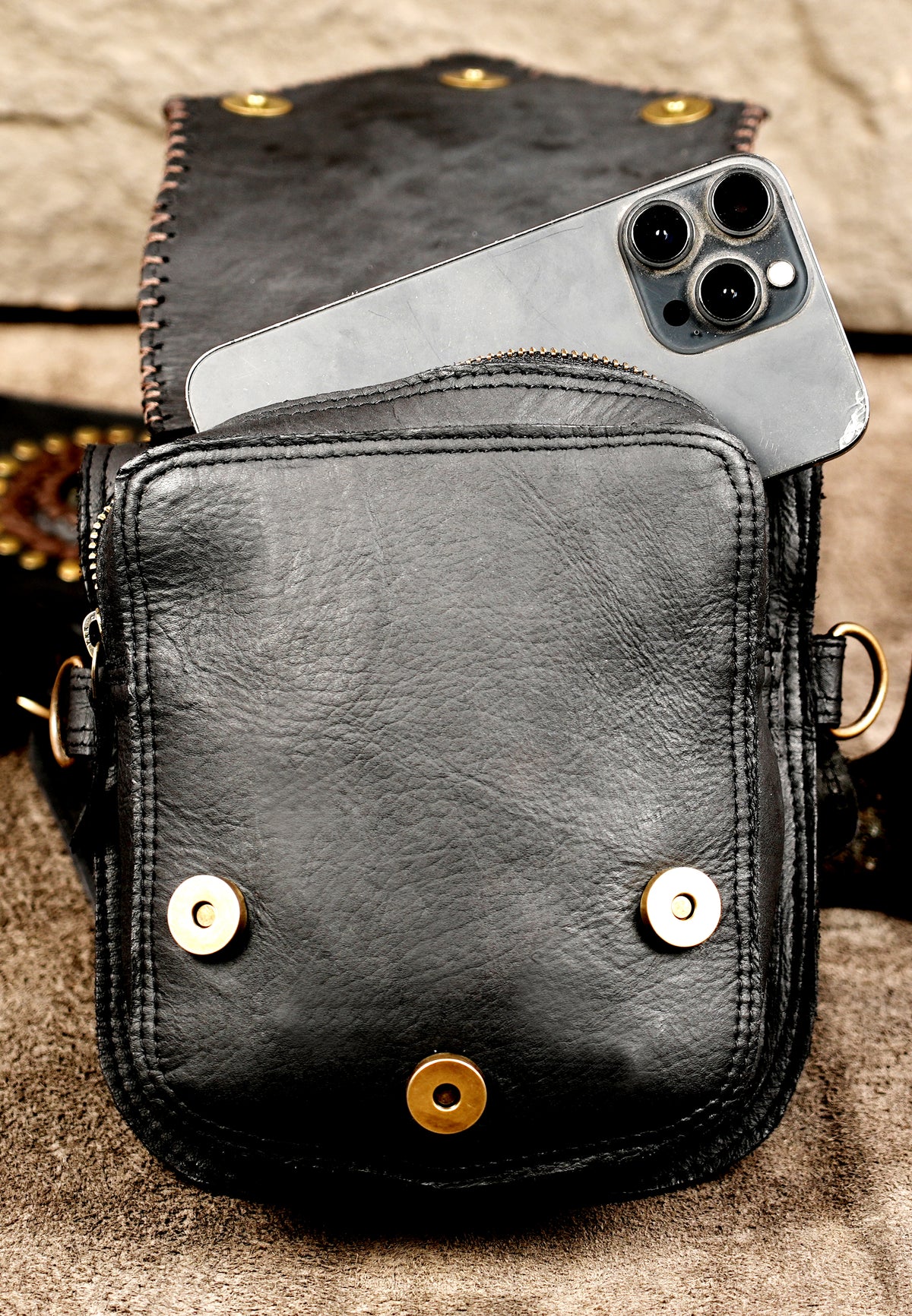 Handmade gothic leather harness with gemstone pouch design