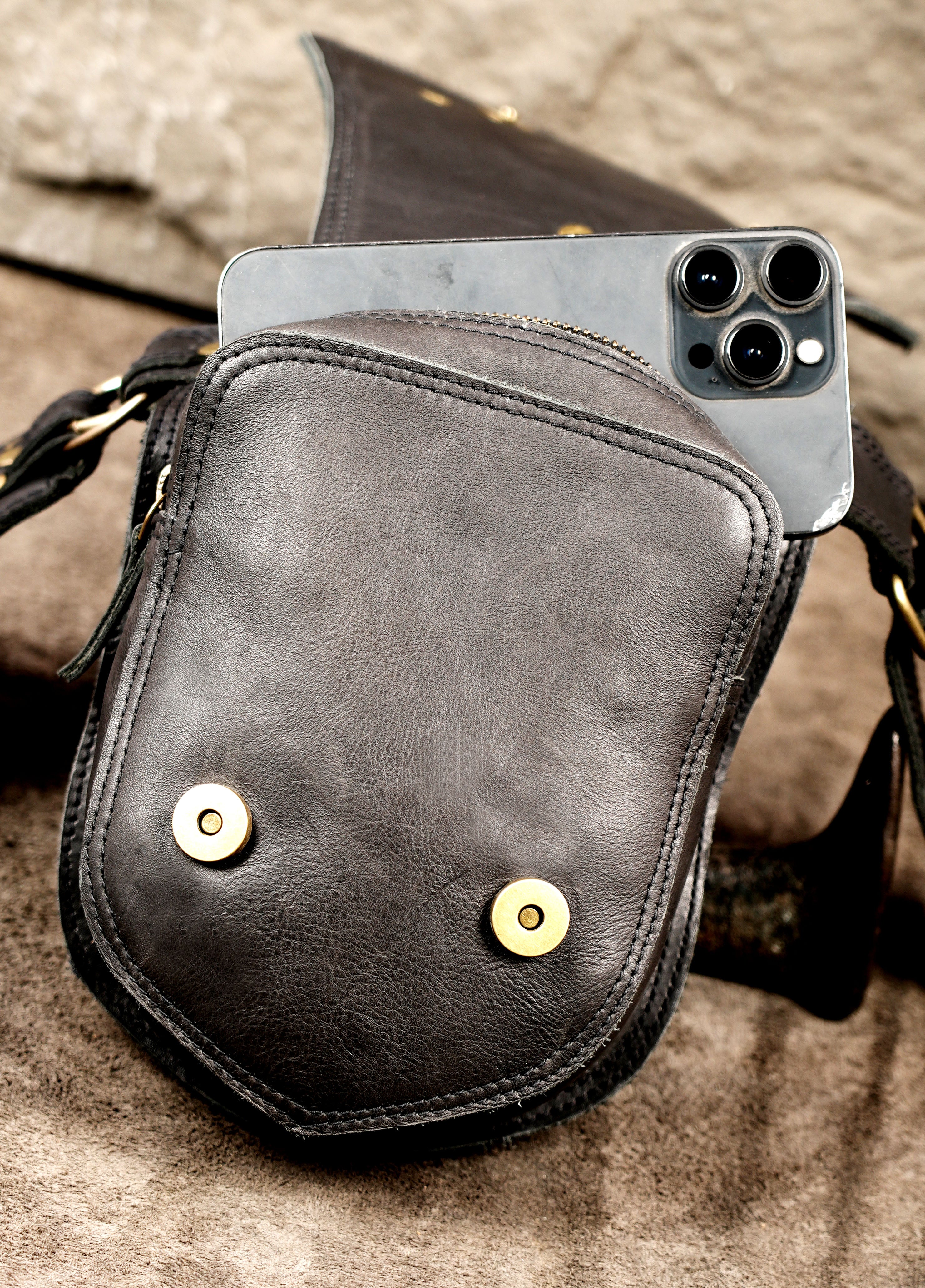 Steampunk leather hip bag with labradorite stones