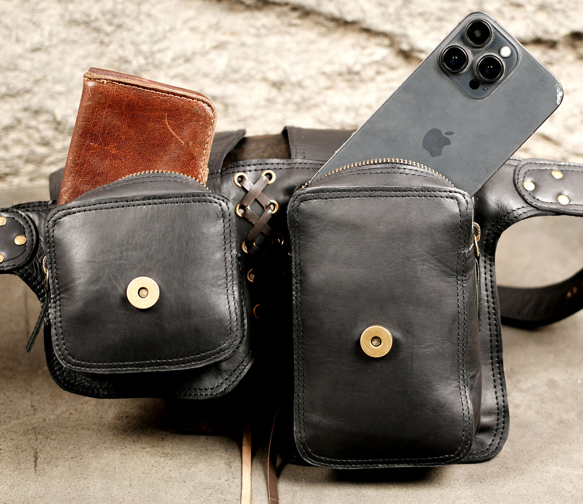 Handmade western leather utility belt with stone accent
