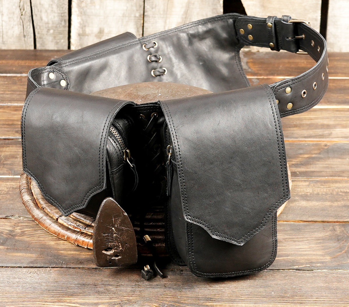 Black Leather Utility Hip Belt with Stone Accents and Brass Hardware