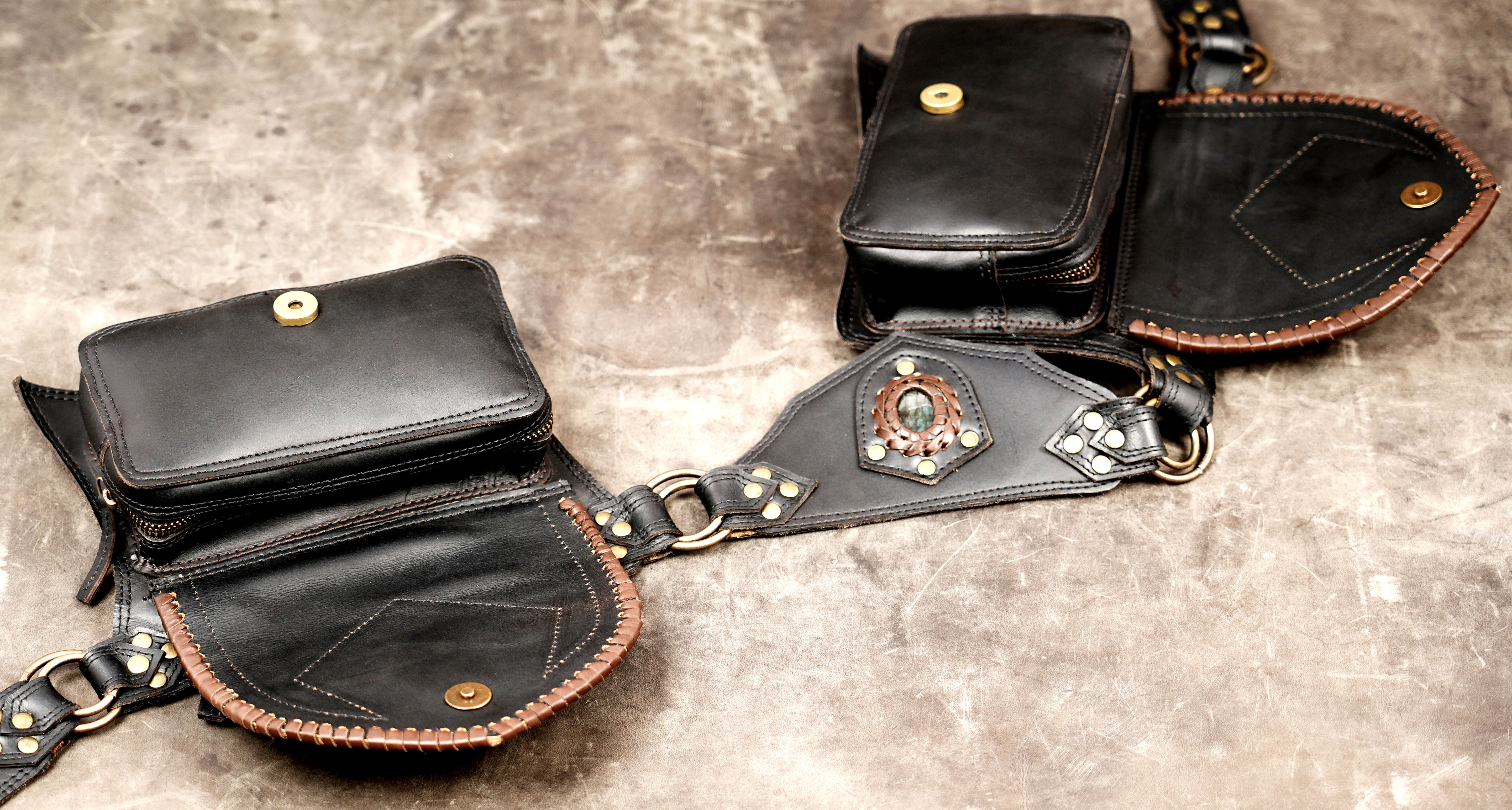 Artisan leather belt pouch with stones