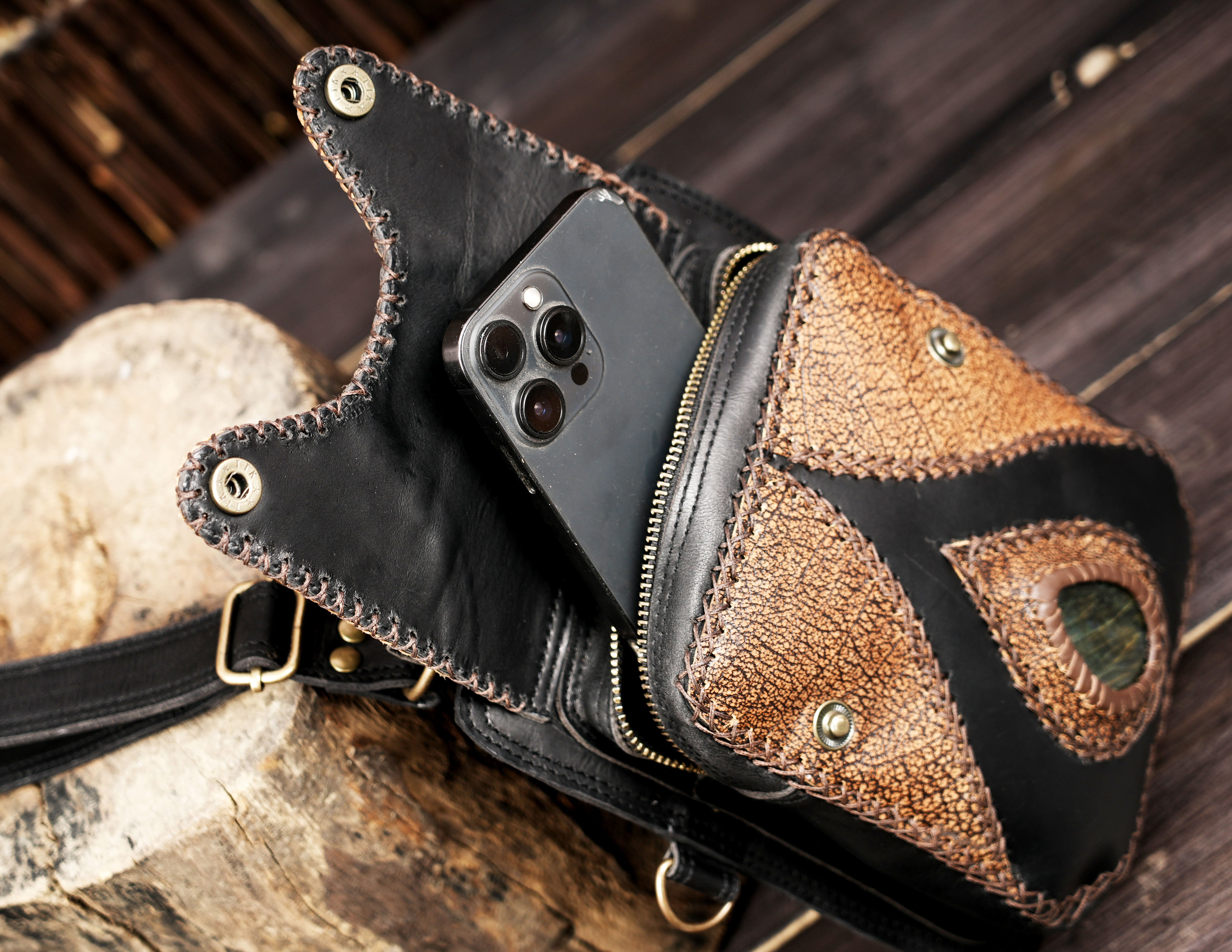 Adjustable leather harness holster for phone, wallet and keys